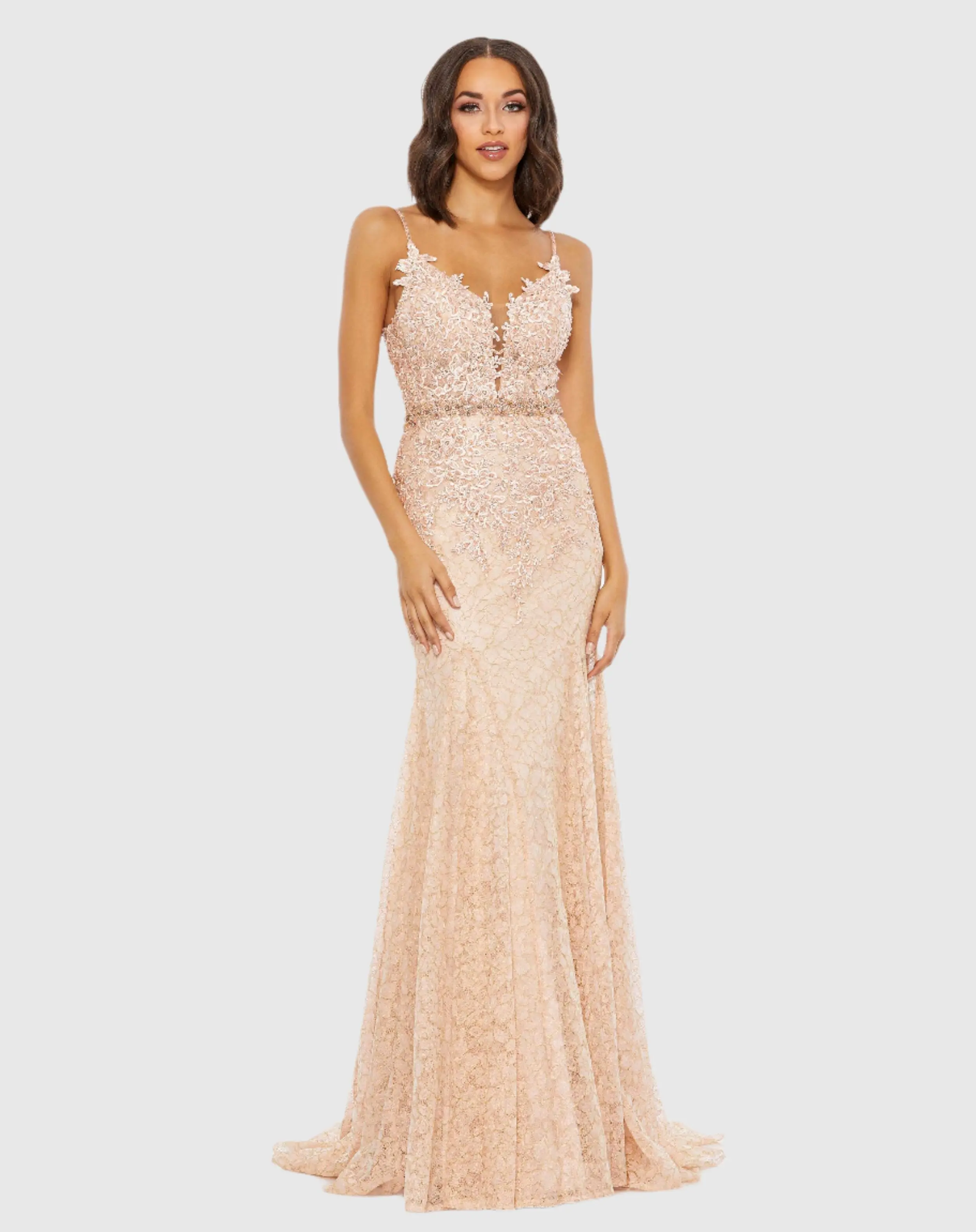 Applique Sleeveless Plunge Neck Trumpet Gown - Image 3