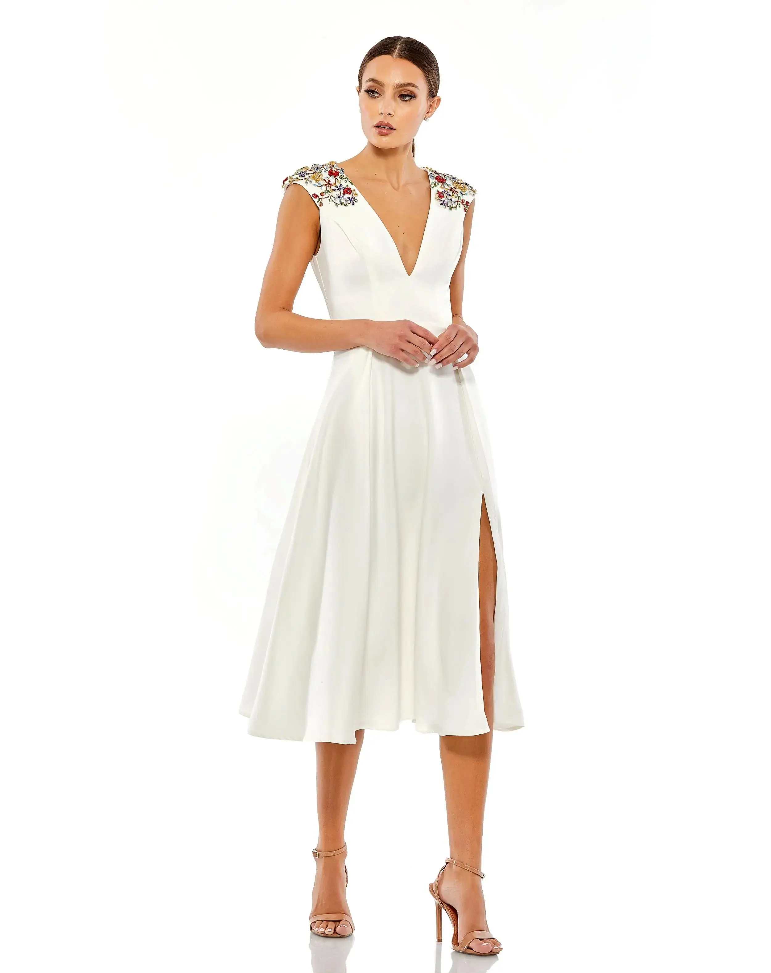 Beaded Cap Sleeve A Line Midi Dress - Image 2