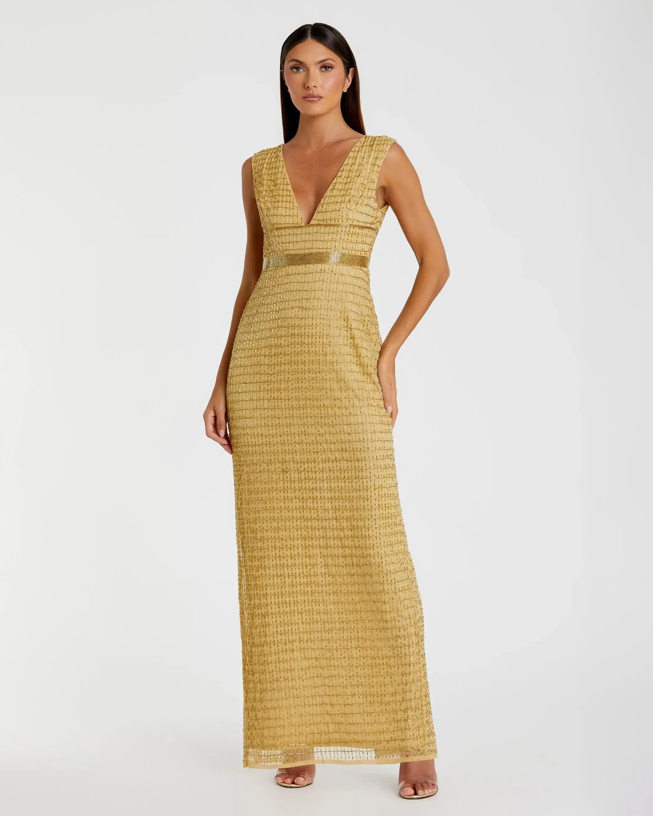 Beaded Cap Sleeve V Neck Column Gown - Image 2