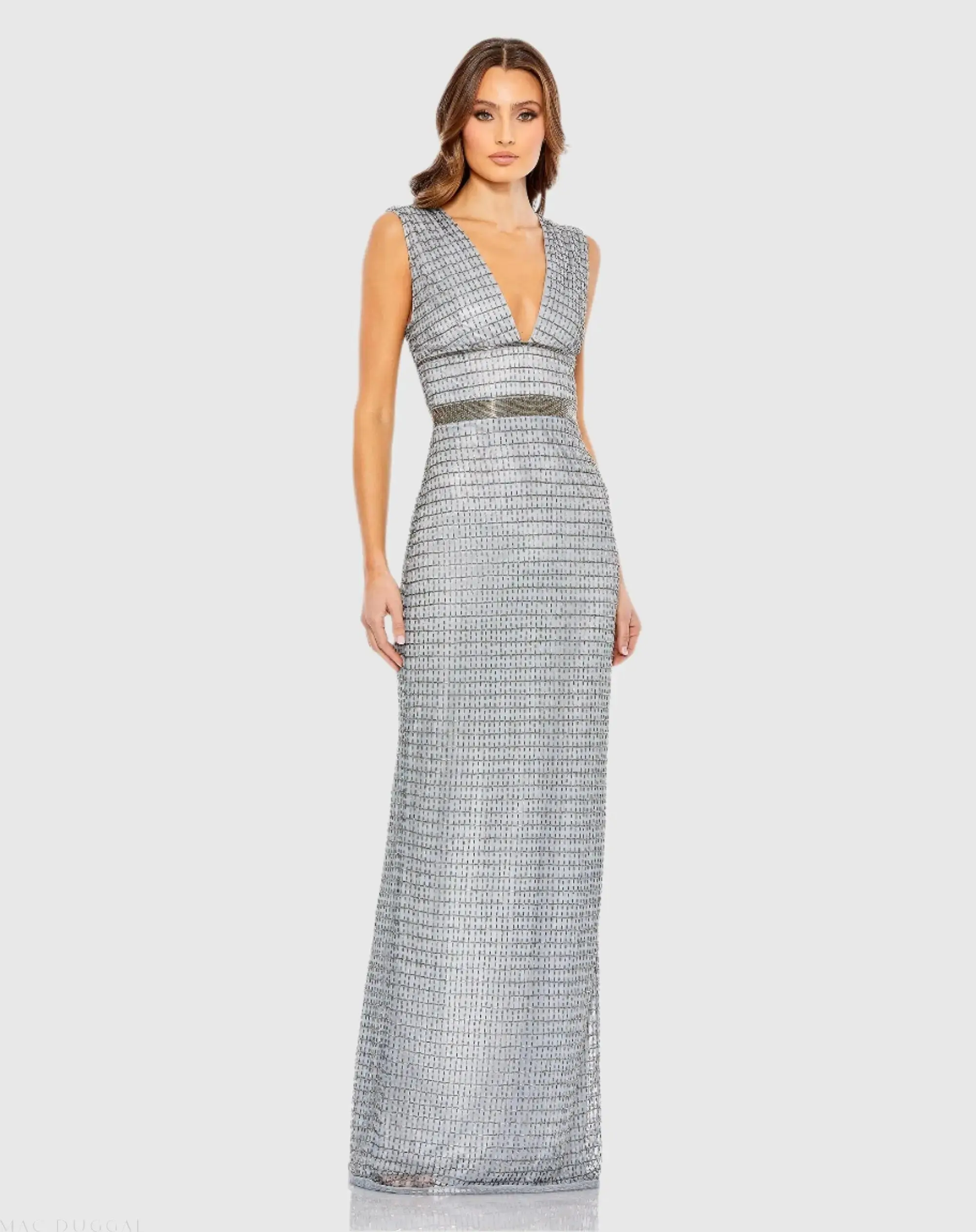 Beaded Cap Sleeve V Neck Column Gown - Image 3