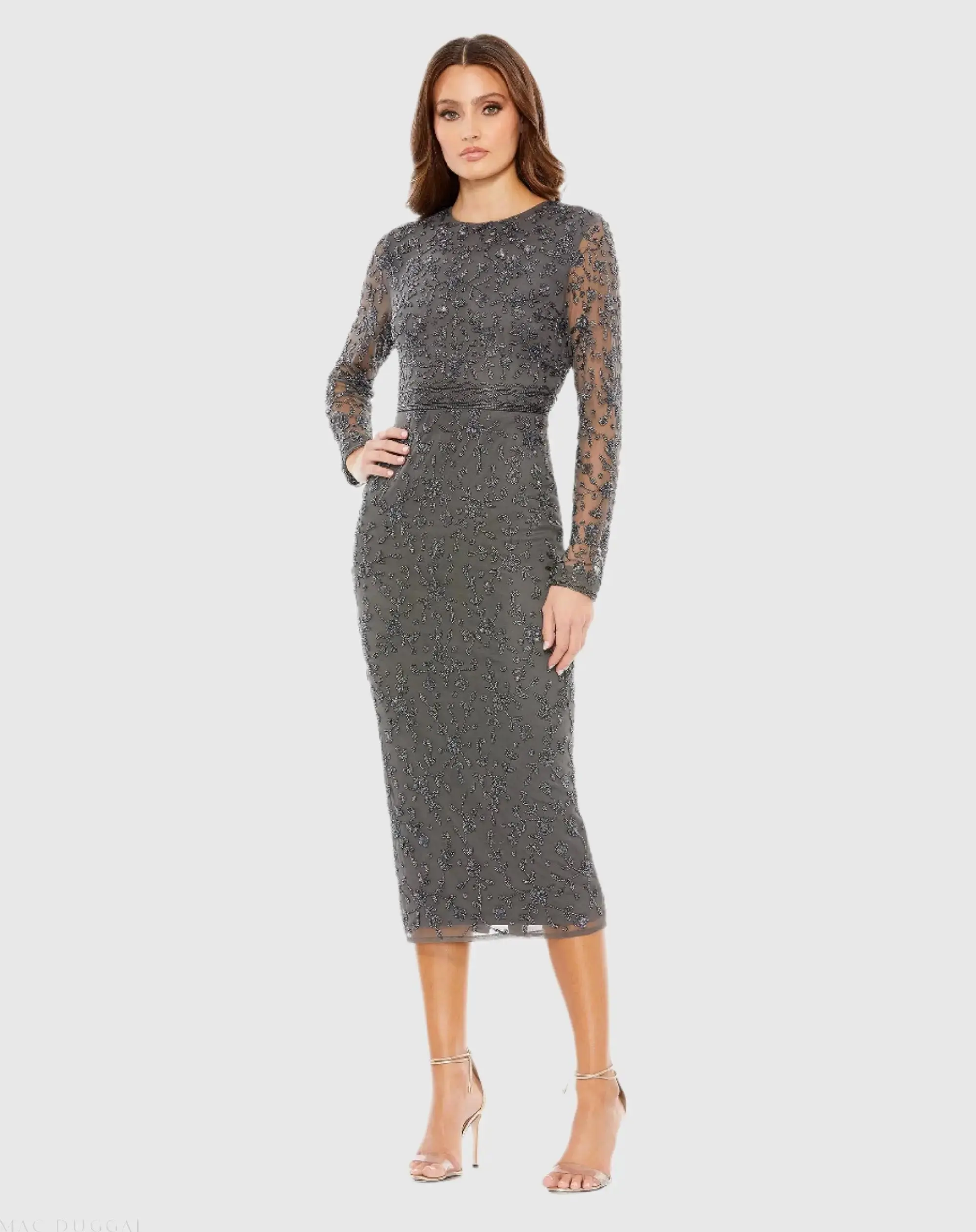 Beaded Tea Length Dress w/ Sheer Sleeves - Image 2