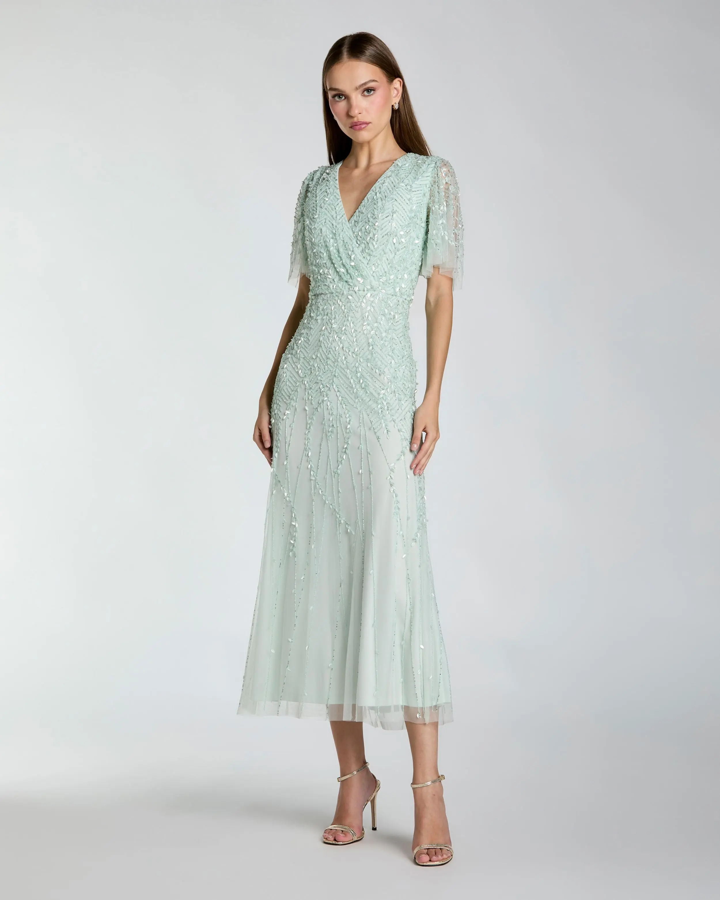 Beaded Wrap Over Butterfly Sleeve Column Dress