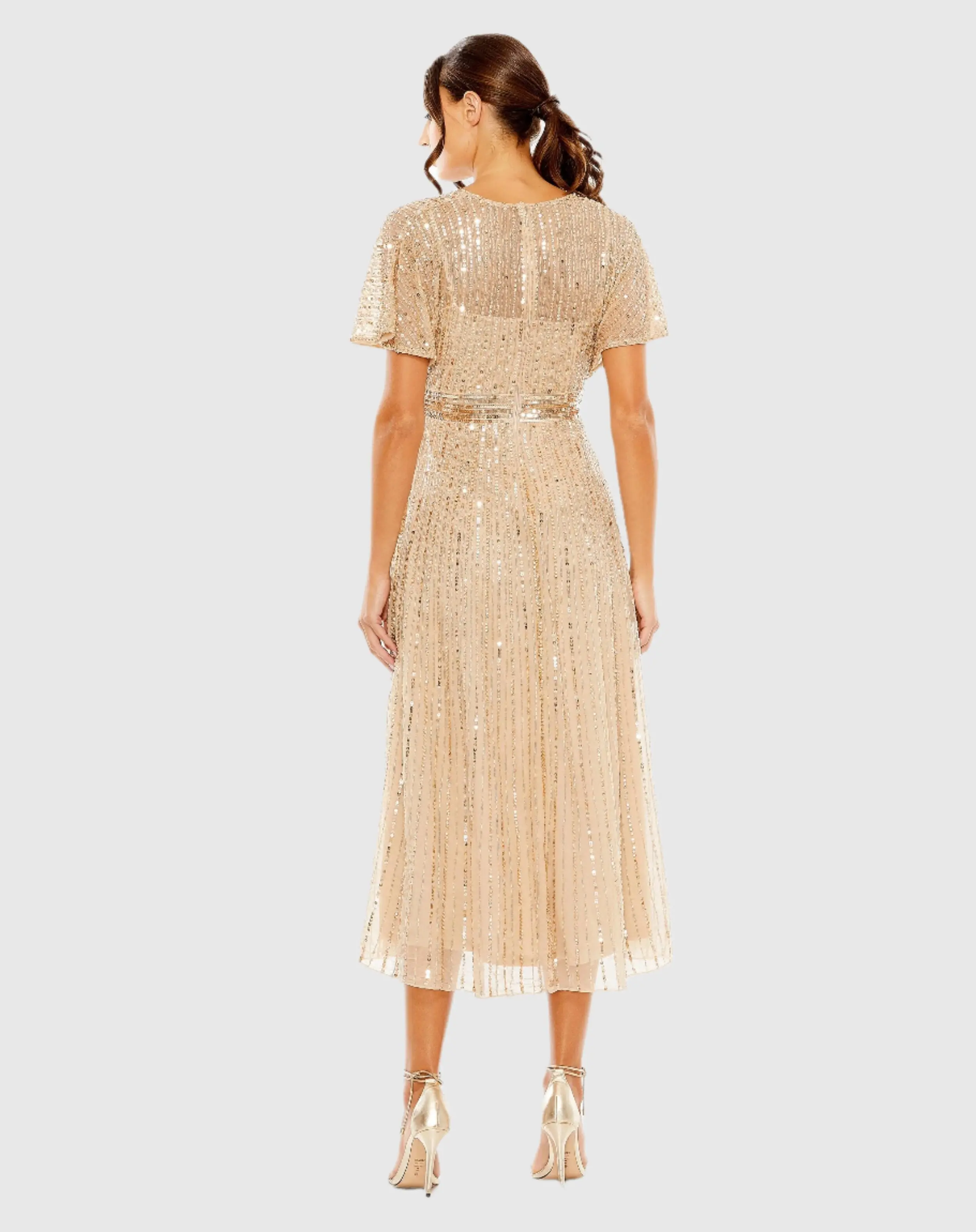 Beige Embellished Short Sleeve Empire Waist Dress - Image 3
