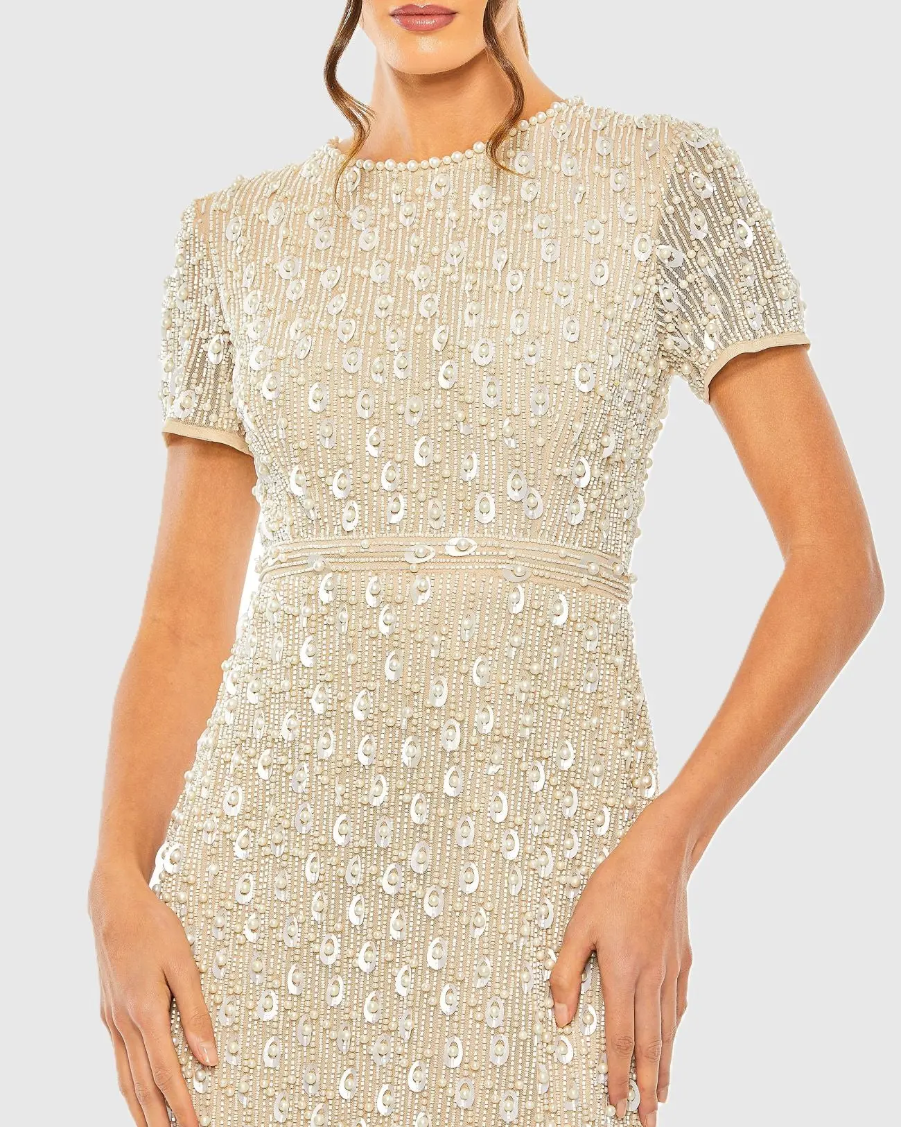 Beige High Neck Short Sleeve Embellished Midi Sheath Dress - Image 2