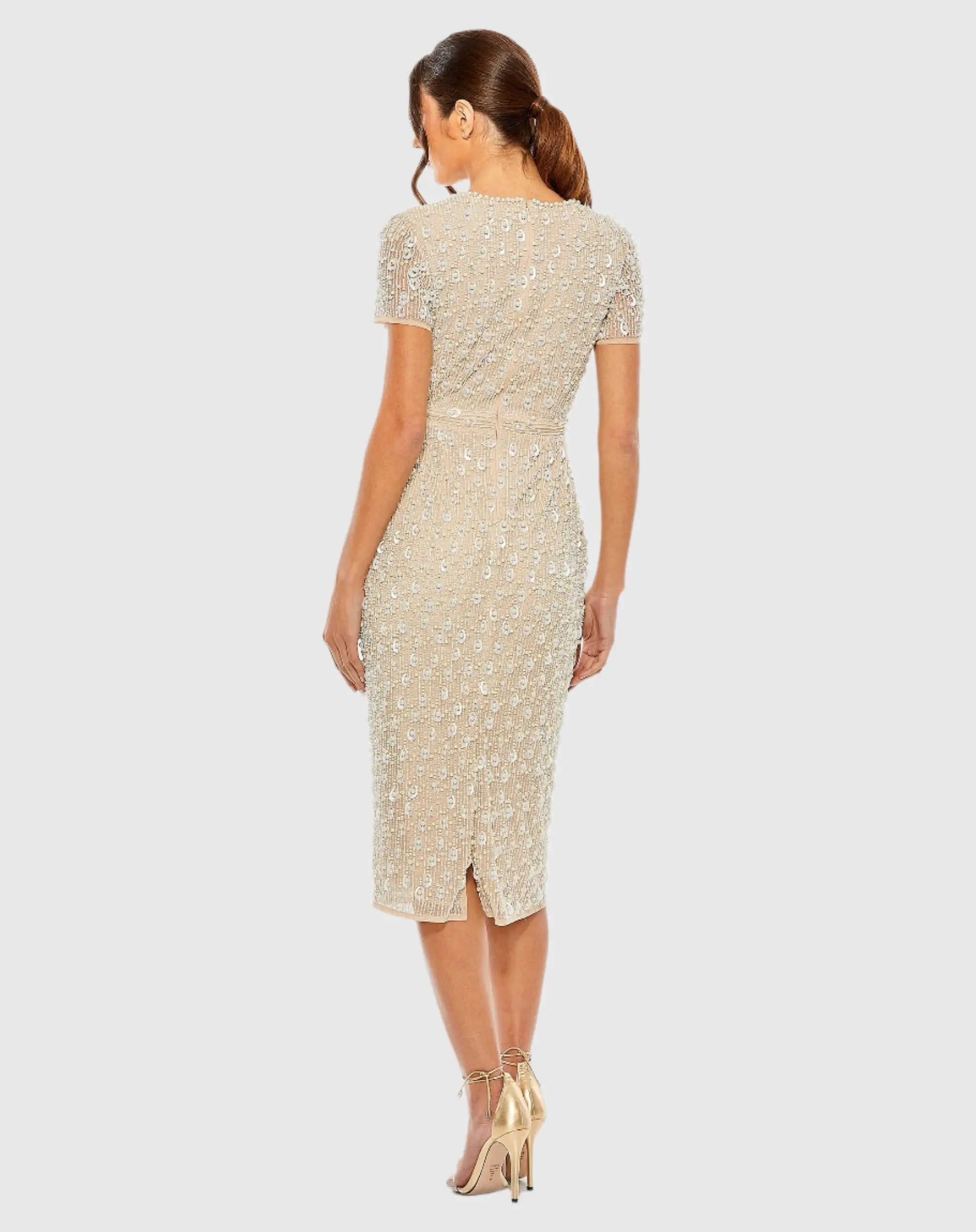 Beige High Neck Short Sleeve Embellished Midi Sheath Dress - Image 3