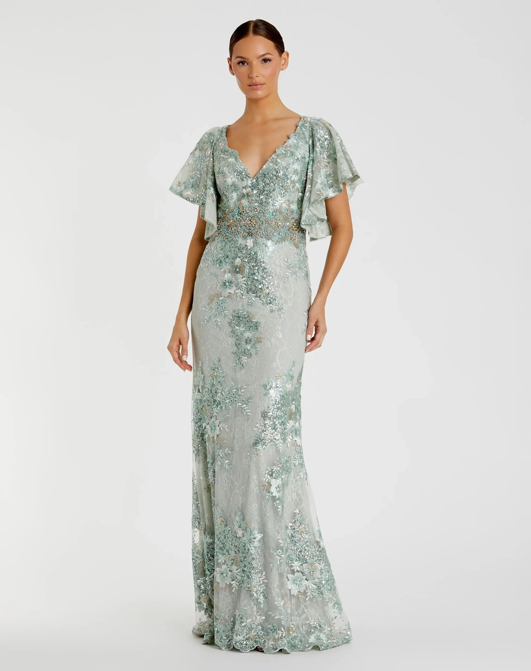Bell Sleeve Floral Embellished Gown