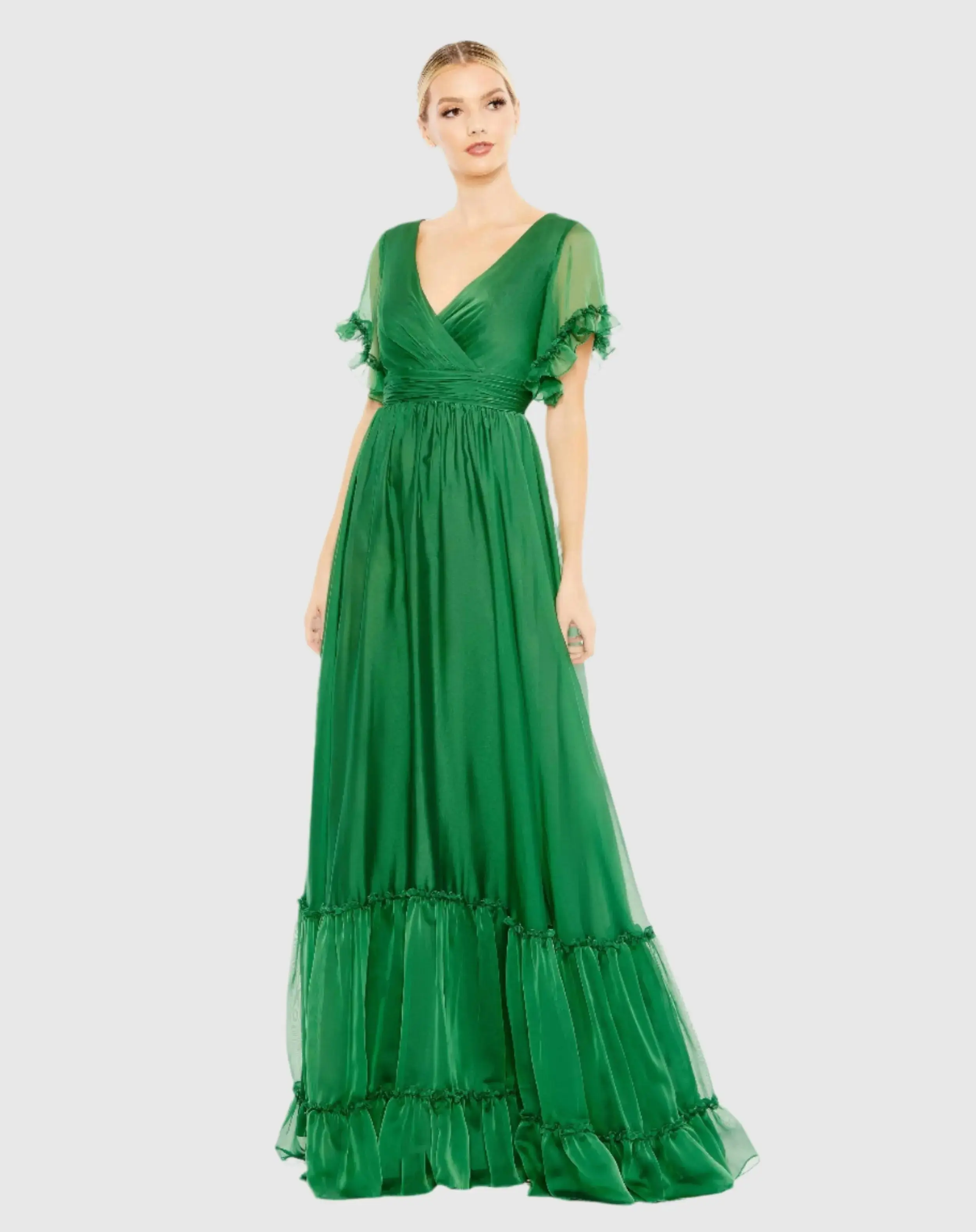 Butterfly Ruffle Trimmed Sleeve Wrap Over Flowy Gown - Image 2