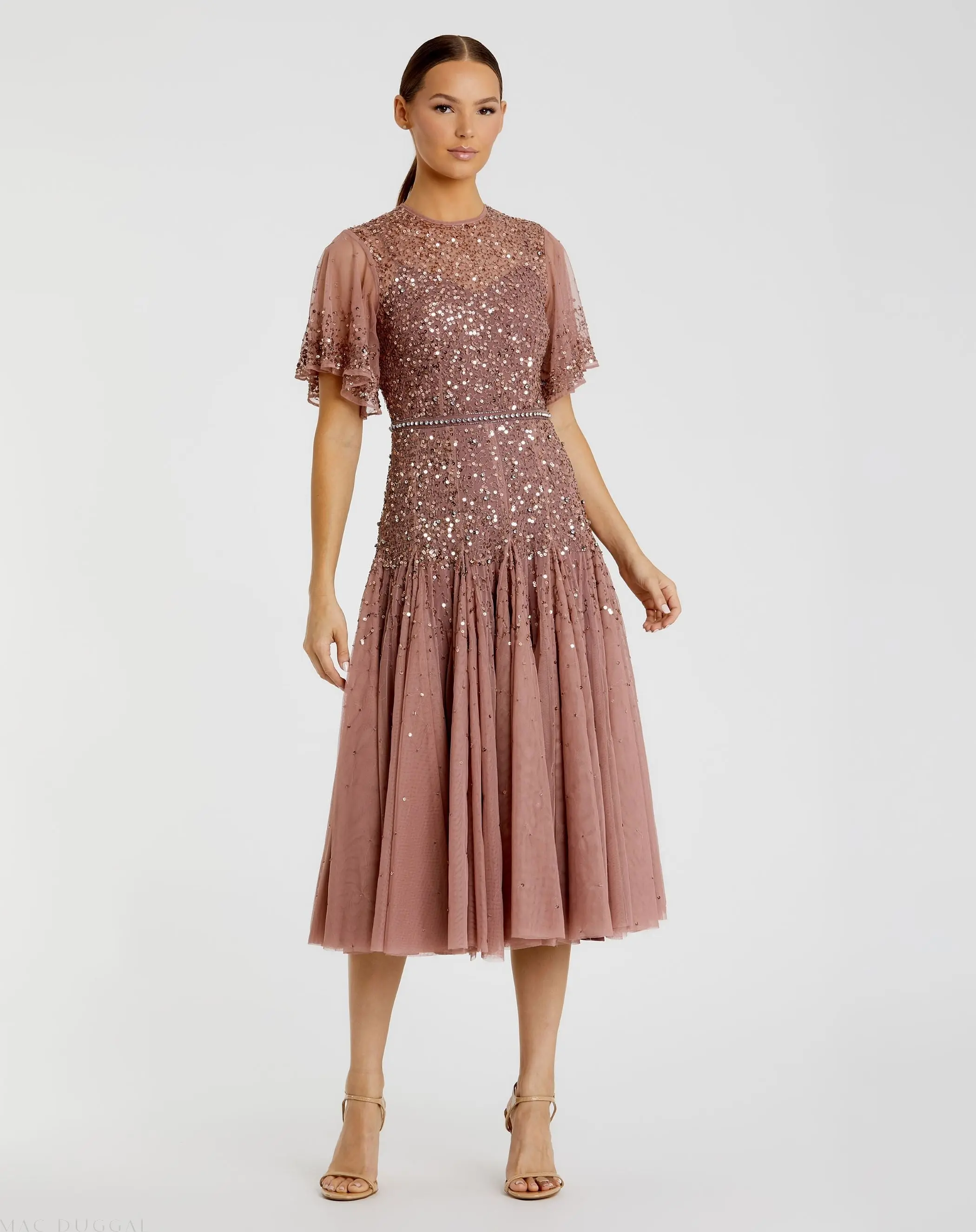 Cape Sleeve Beaded Tea Length A-line Dress - Image 2