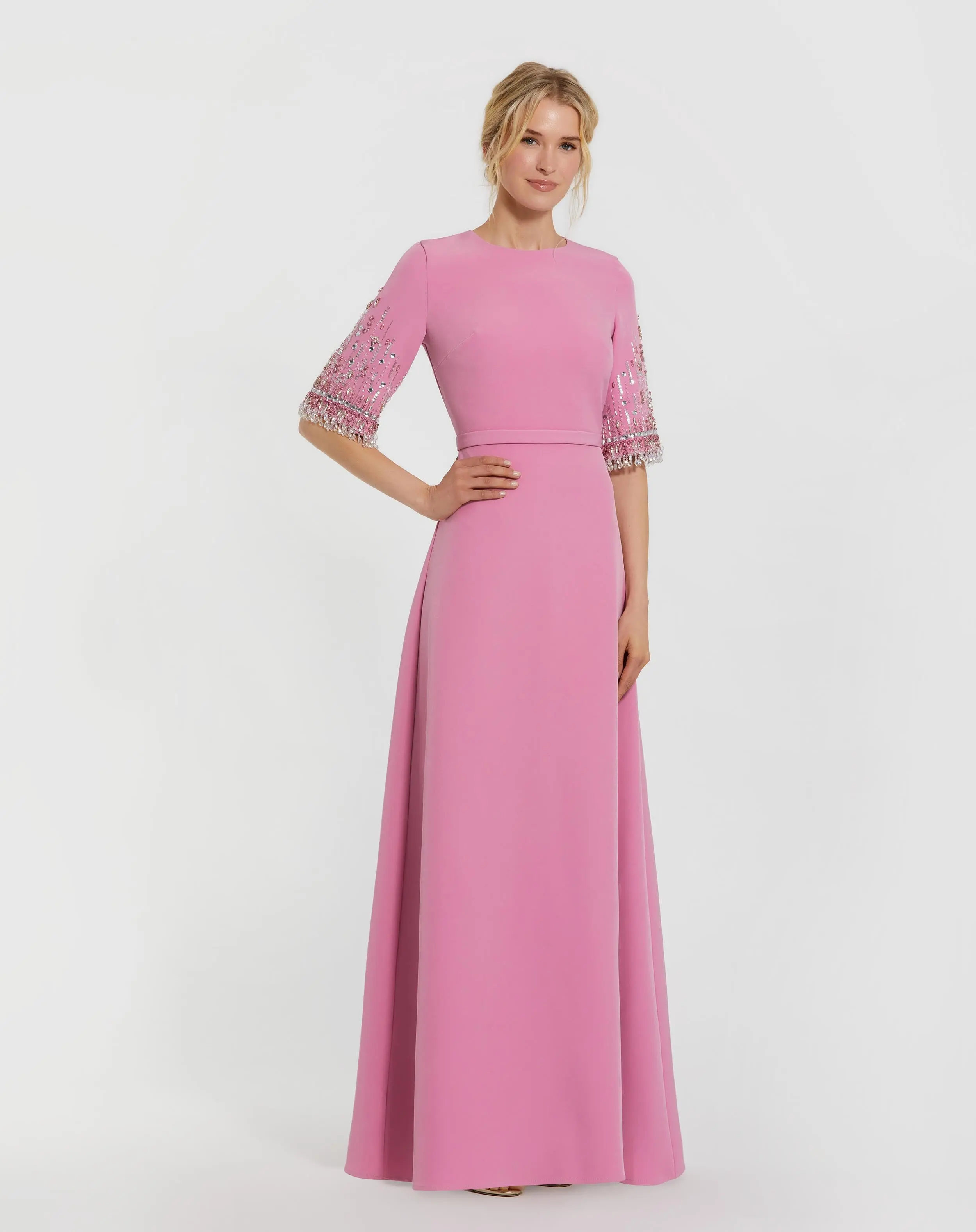 Crepe A Line Gown With Beaded 3/4 Sleeves