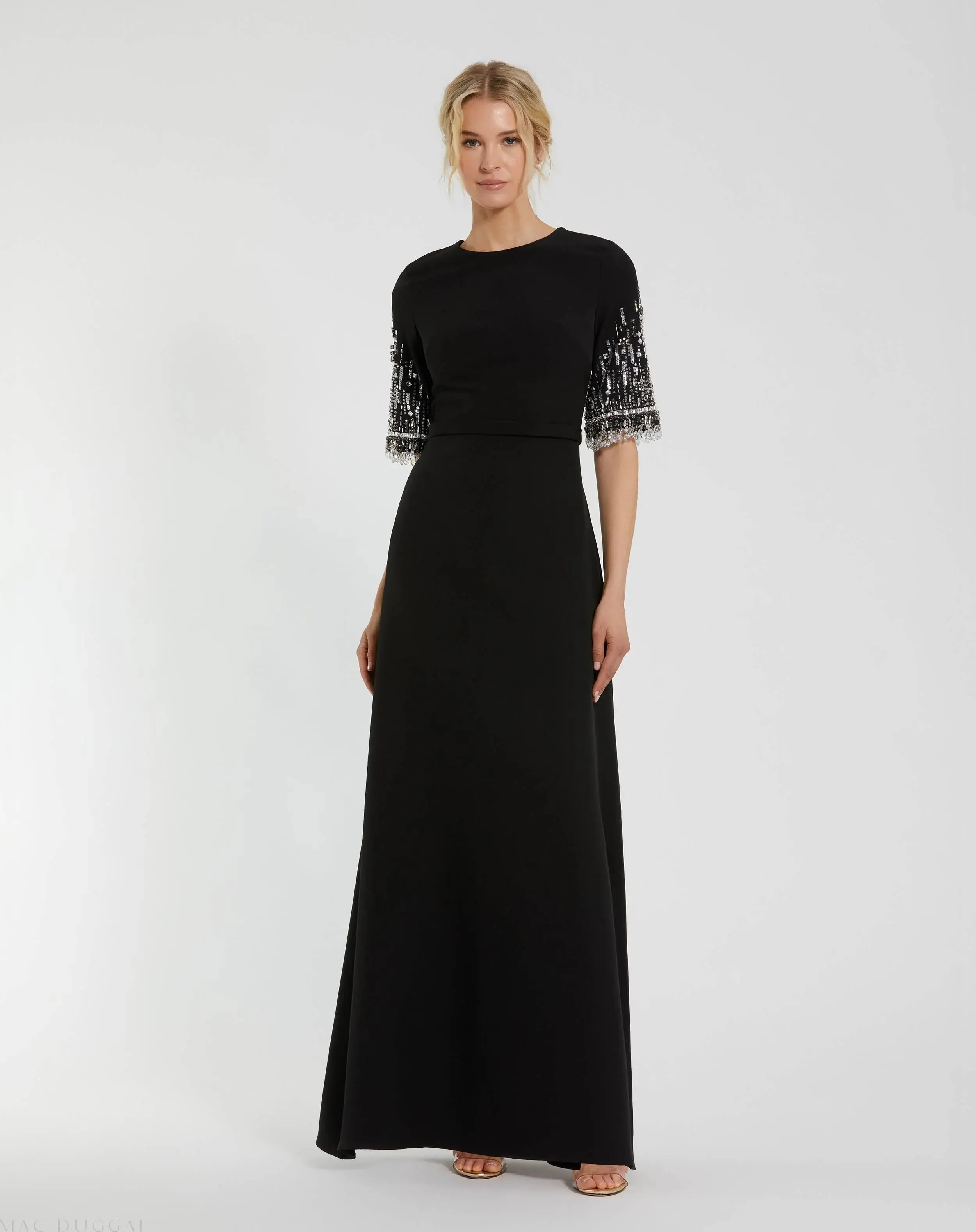 Crepe A Line Gown With Beaded 3/4 Sleeves - Image 2