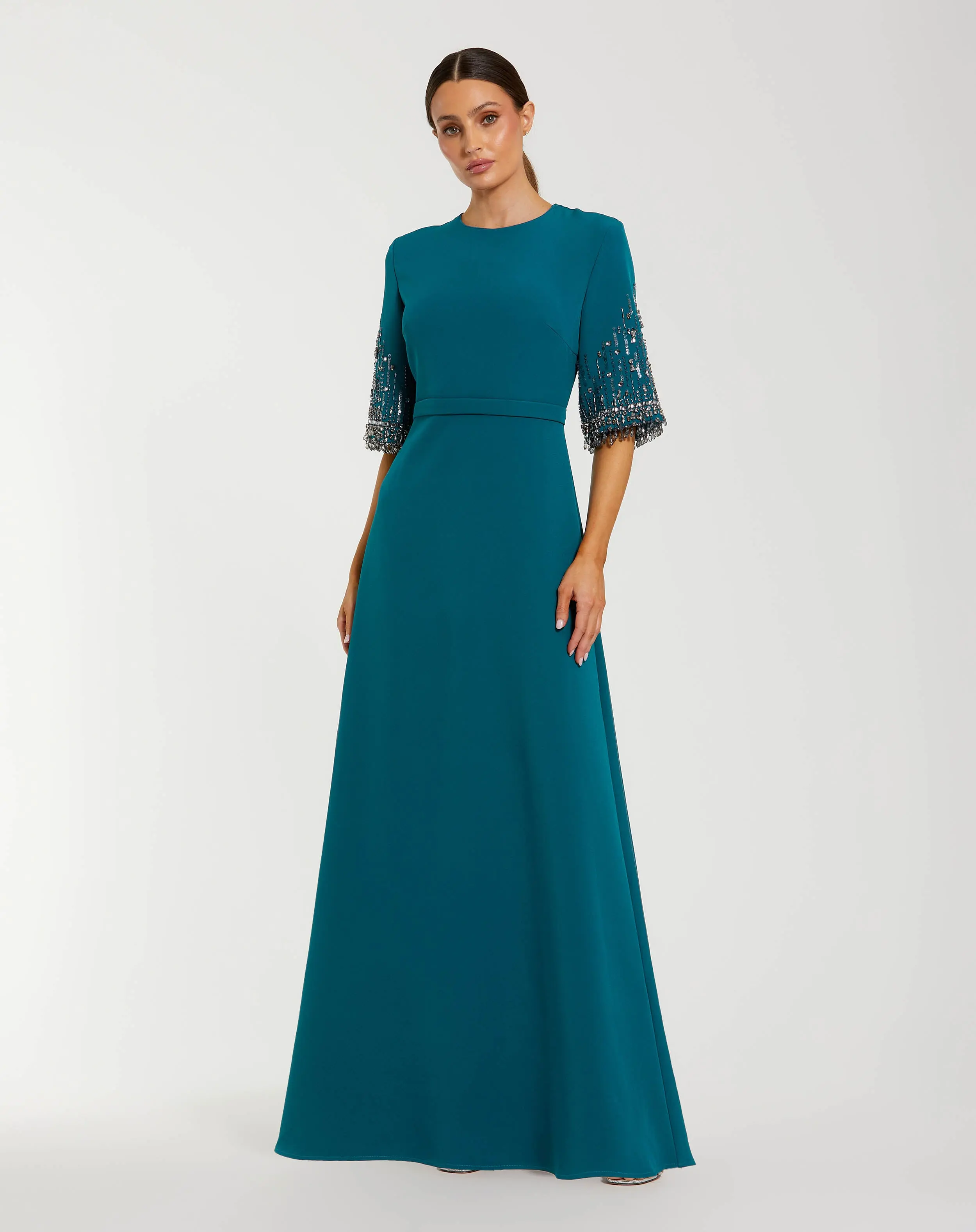 Crepe A Line Gown With Beaded 3/4 Sleeves - Image 3