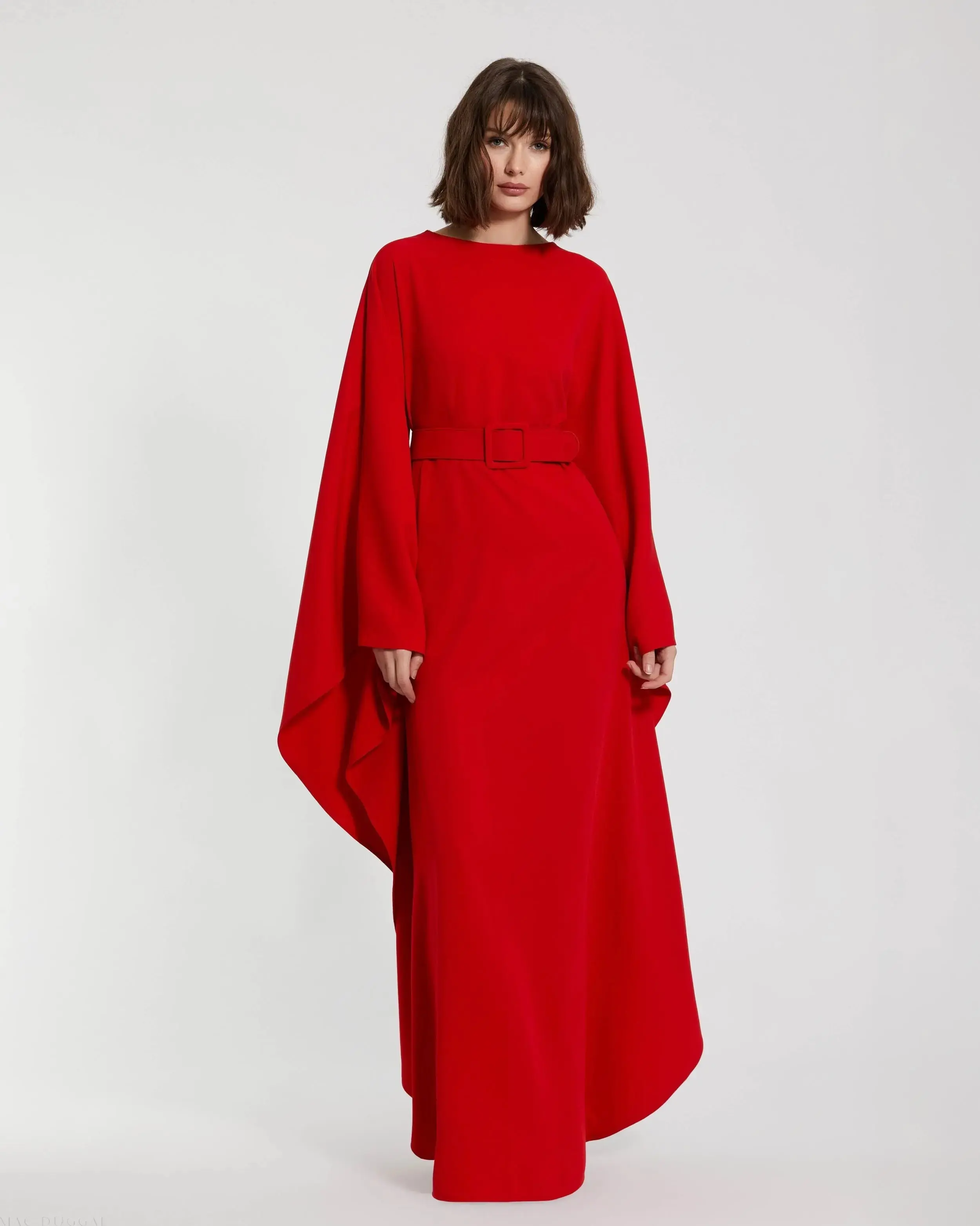 Crepe Boat Neck Kaftan Dress With Belt - Image 2