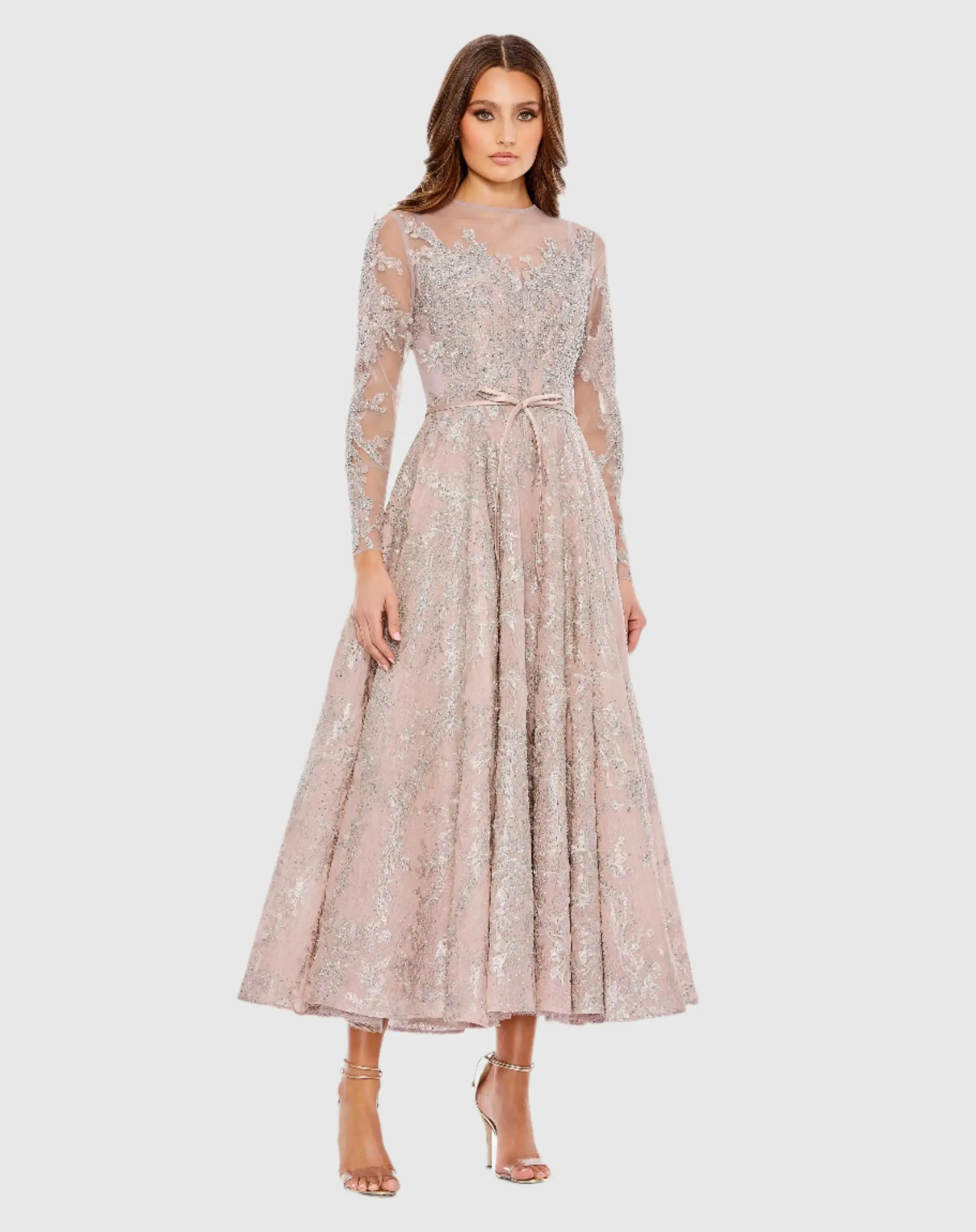 Embellished Bow Belt Illusion Long Sleeve A Line Dress - Image 2