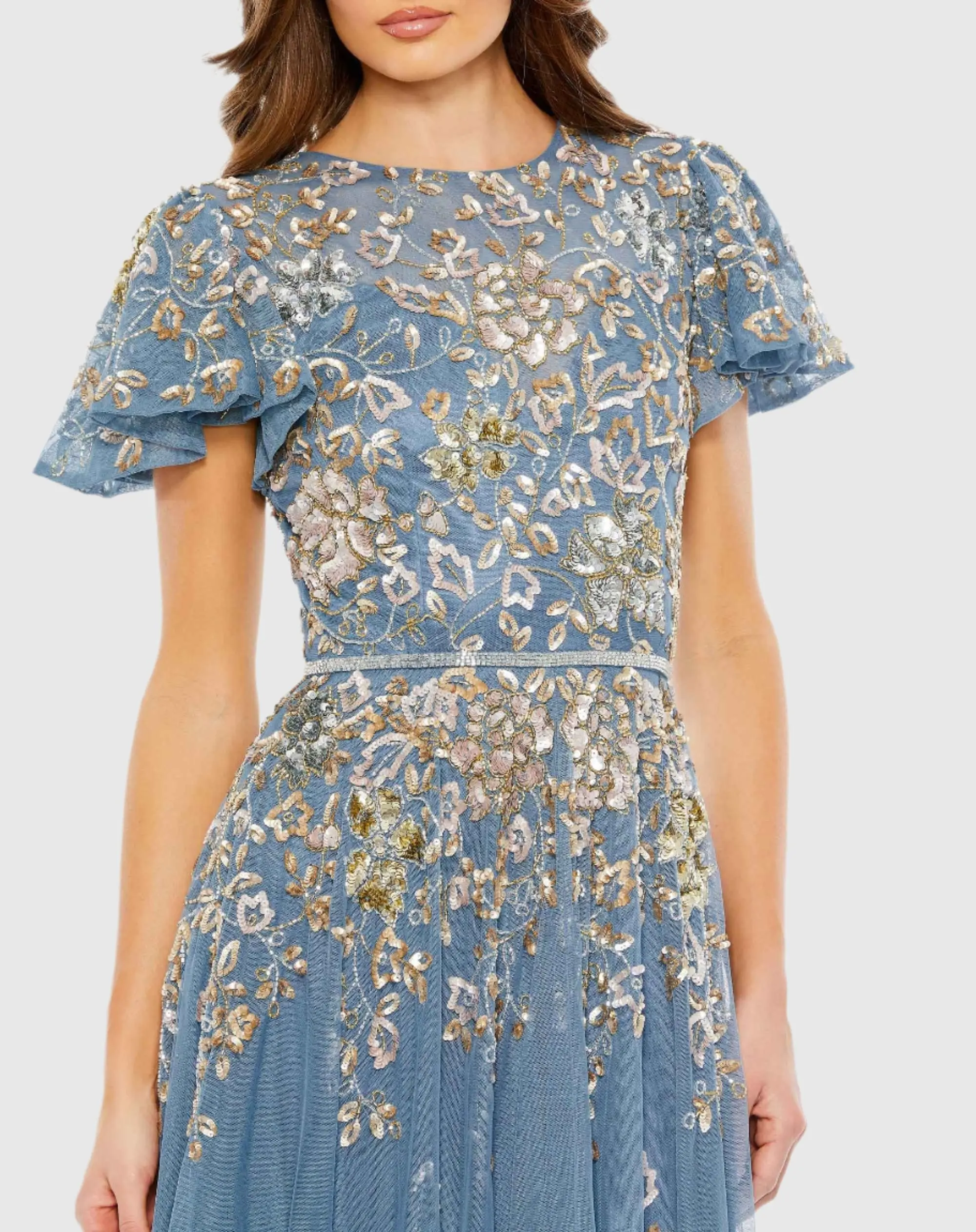 Blue Embellished Butterfly Sleeve High Neck Gown - Image 2