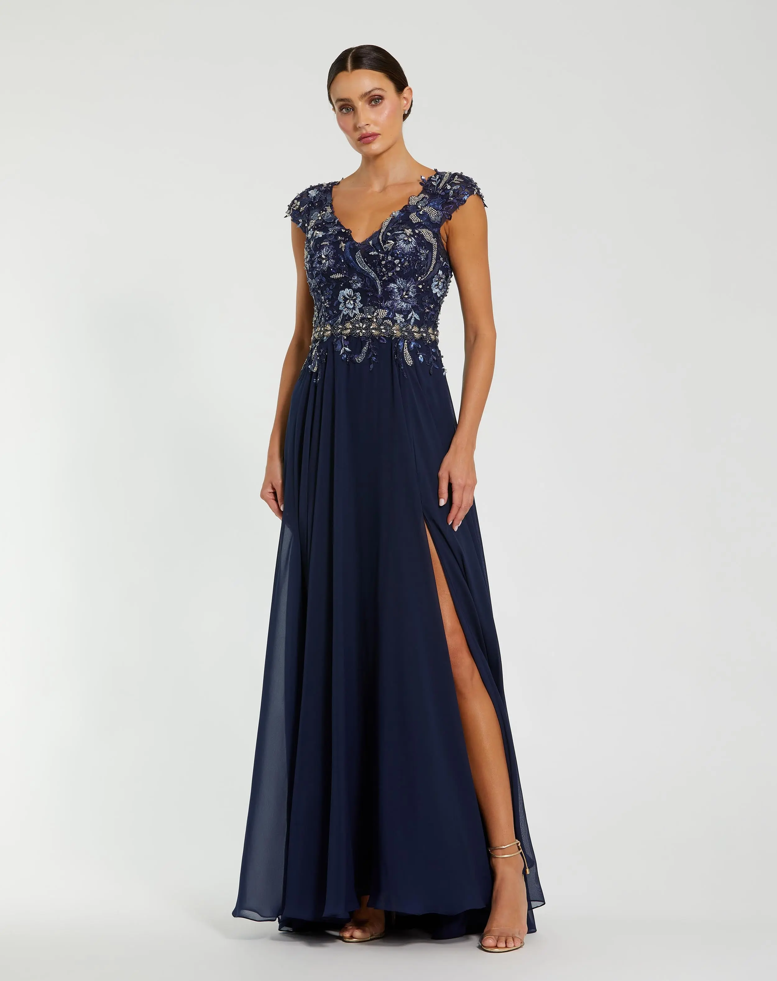 Embellished Cap Sleeve Bodice Flowy Gown - Image 3