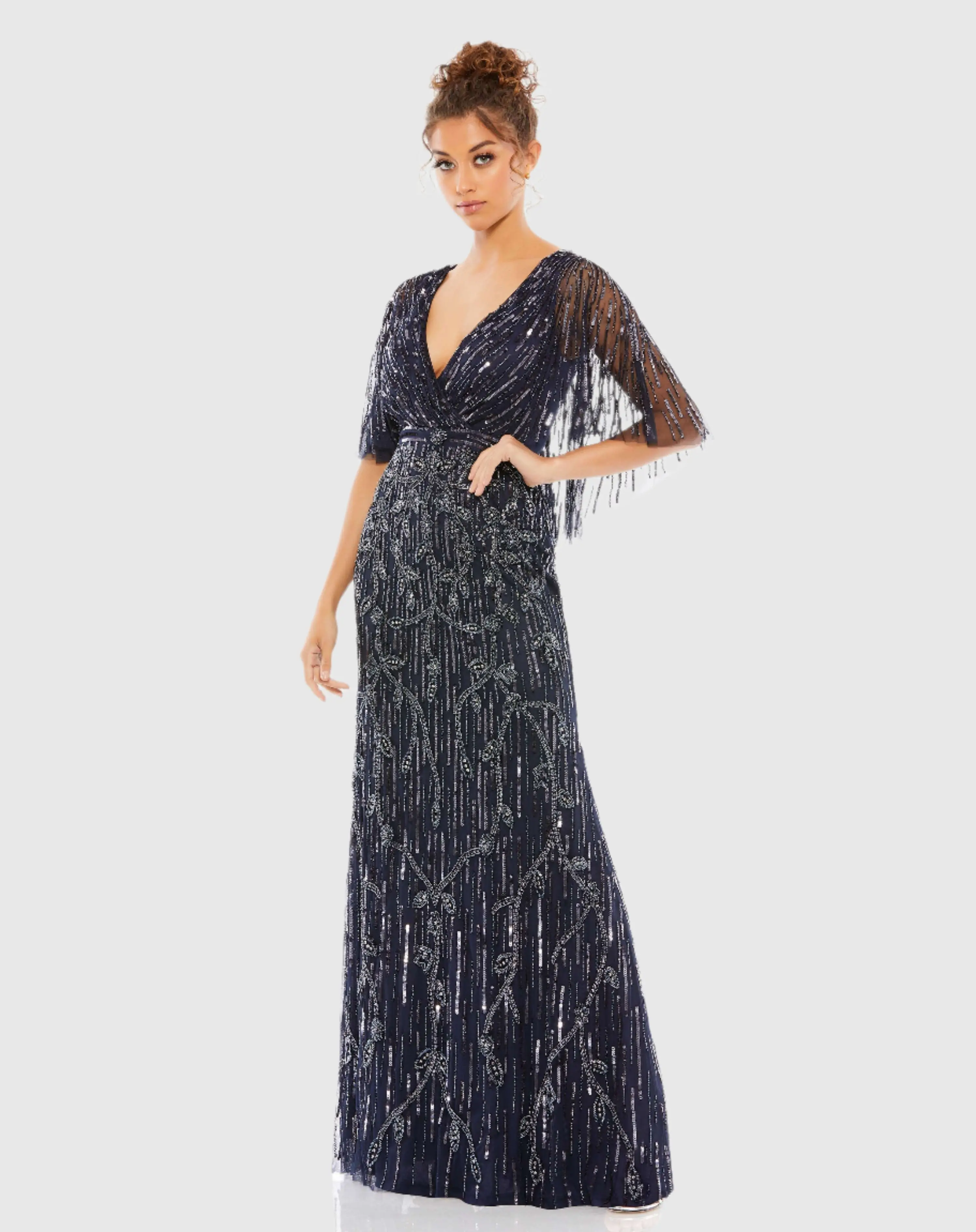 Embellished Cap Sleeve Faux Wrap Trumpet Gown - Image 2