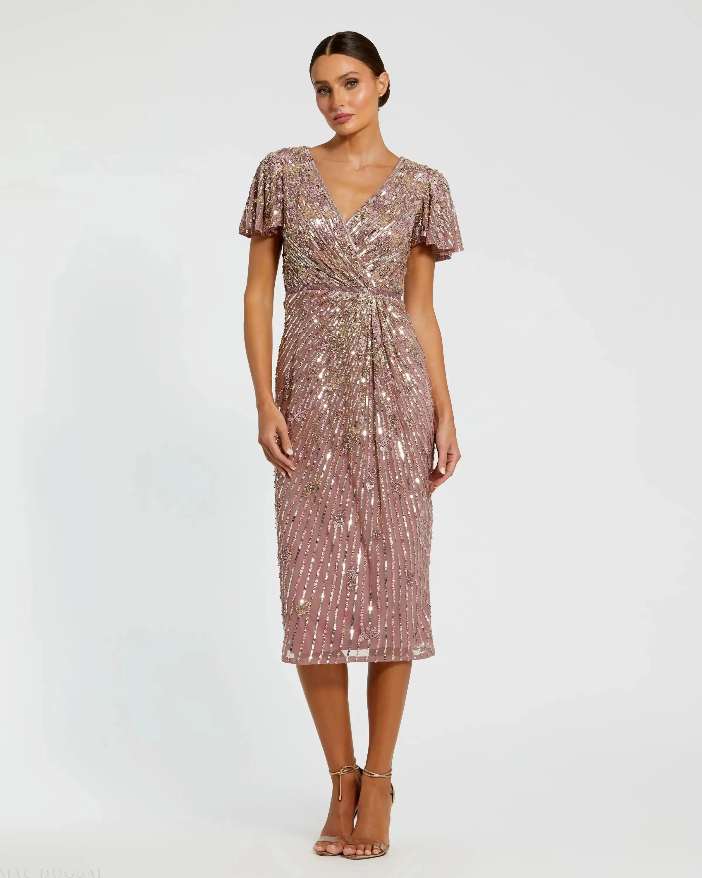 Embellished Faux Wrap Flutter Sleeve Dress