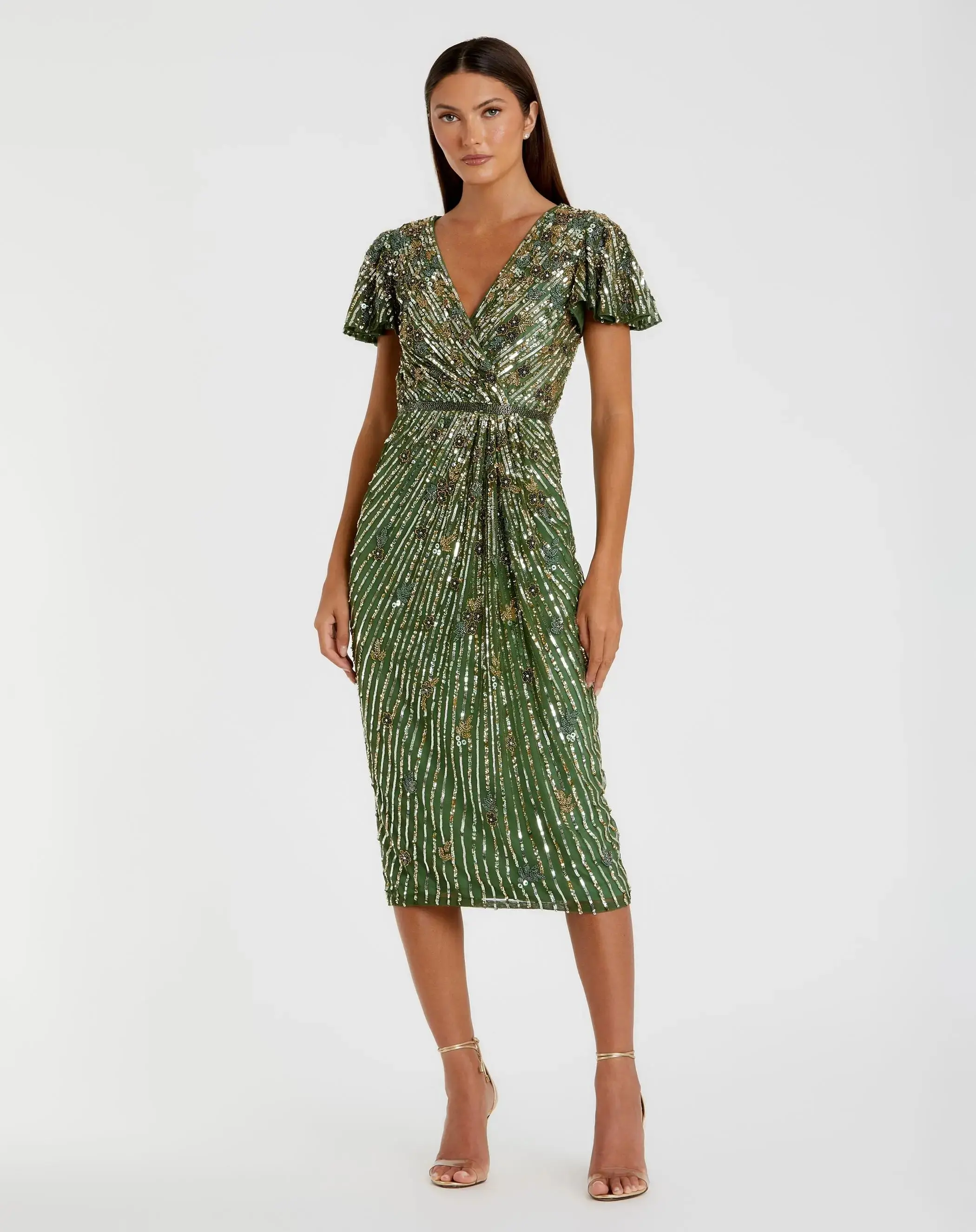 Embellished Faux Wrap Flutter Sleeve Dress - Image 2