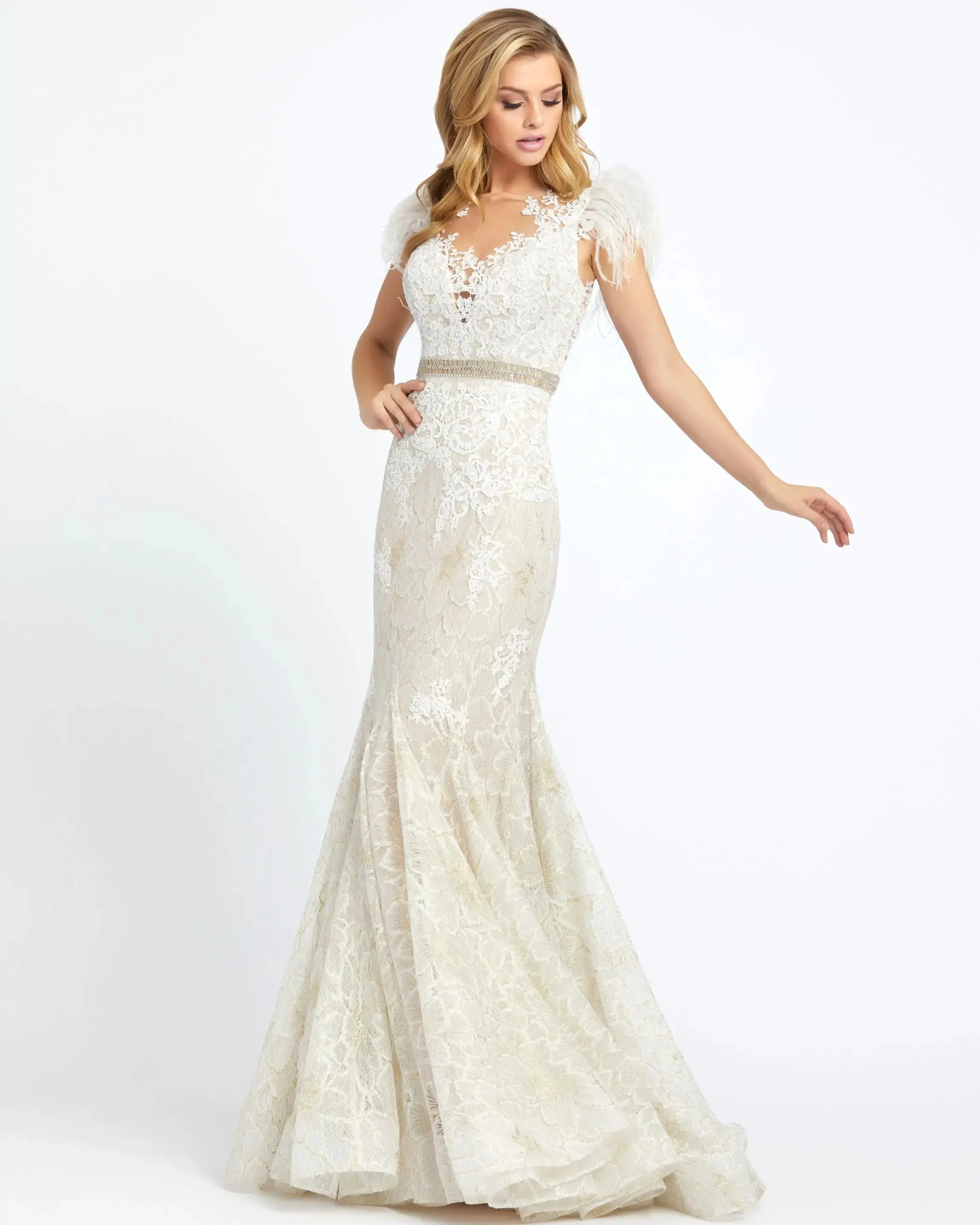 Embellished Feather Cap Sleeve Illusion Neck Trumpet Gown - Image 3