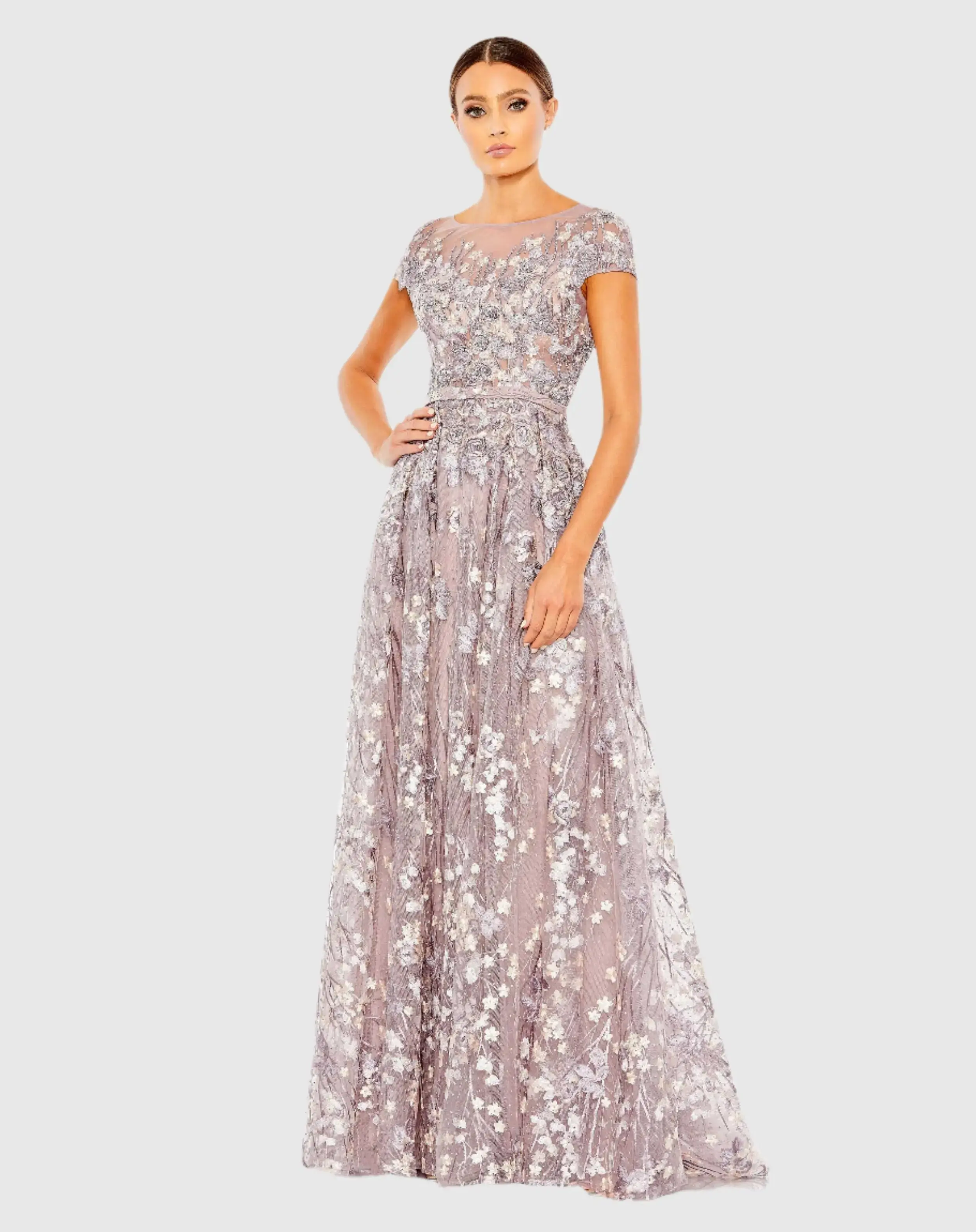 Embellished Floral Cap Sleeve A Line Gown - Image 3