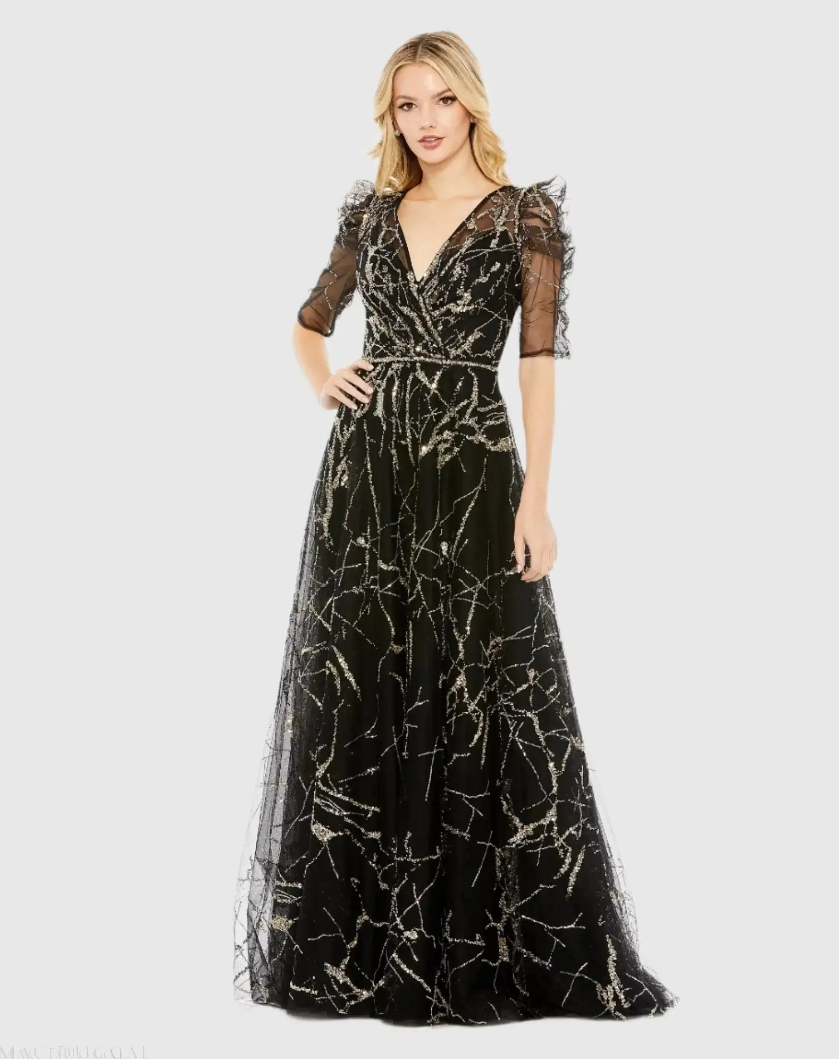 Embellished Gathered Puff Sleeve Faux Wrap Gown - Image 2