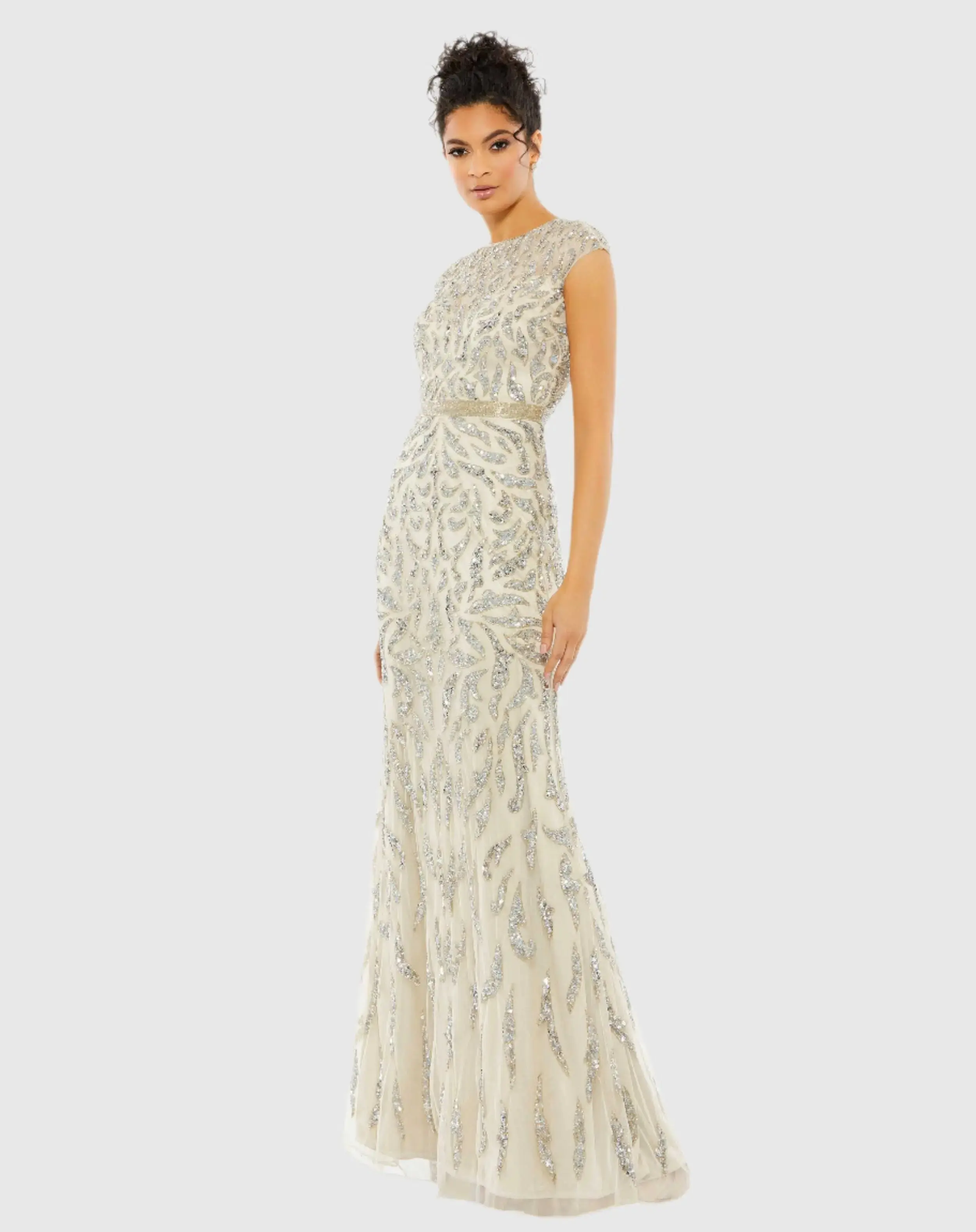 White and Silver Embellished High Neck Cap Sleeve Gown
