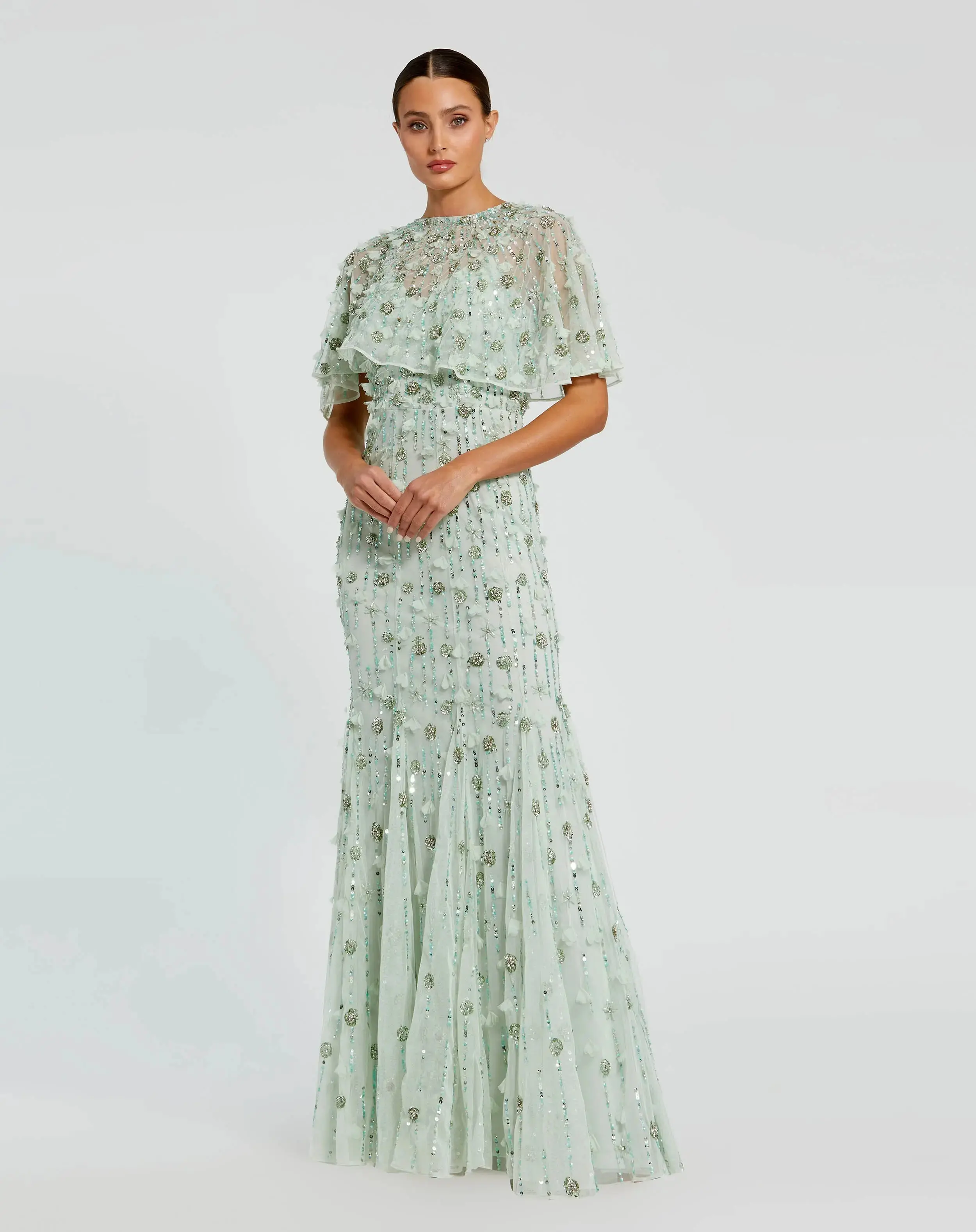 Embellished Illusion Cape Sleeve Trumpet Gown