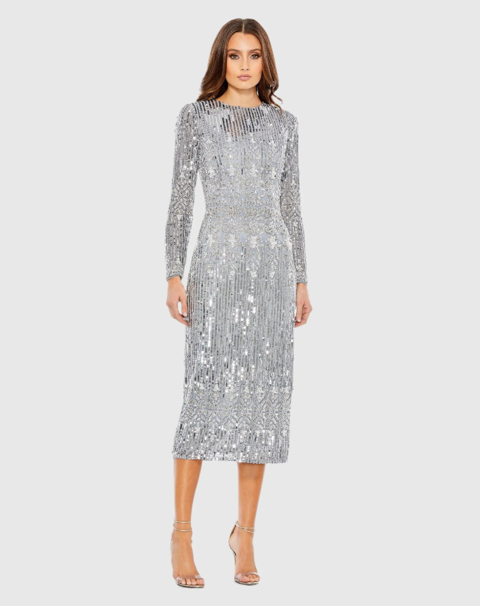 Embellished Long Sleeve High Neck Sheath Dress - Image 2