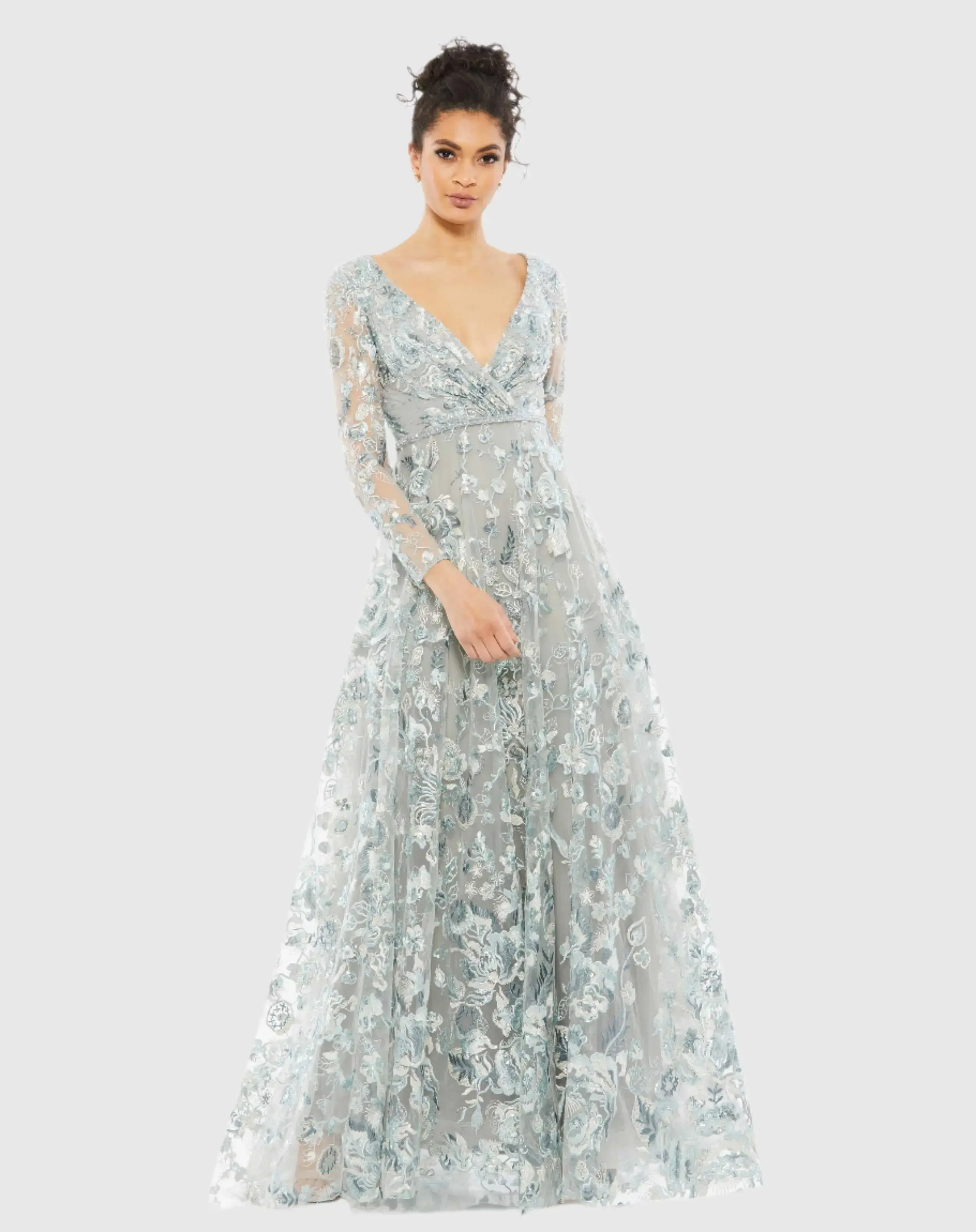 Embellished V Neck Illusion Long Sleeve A Line Gown - Image 2