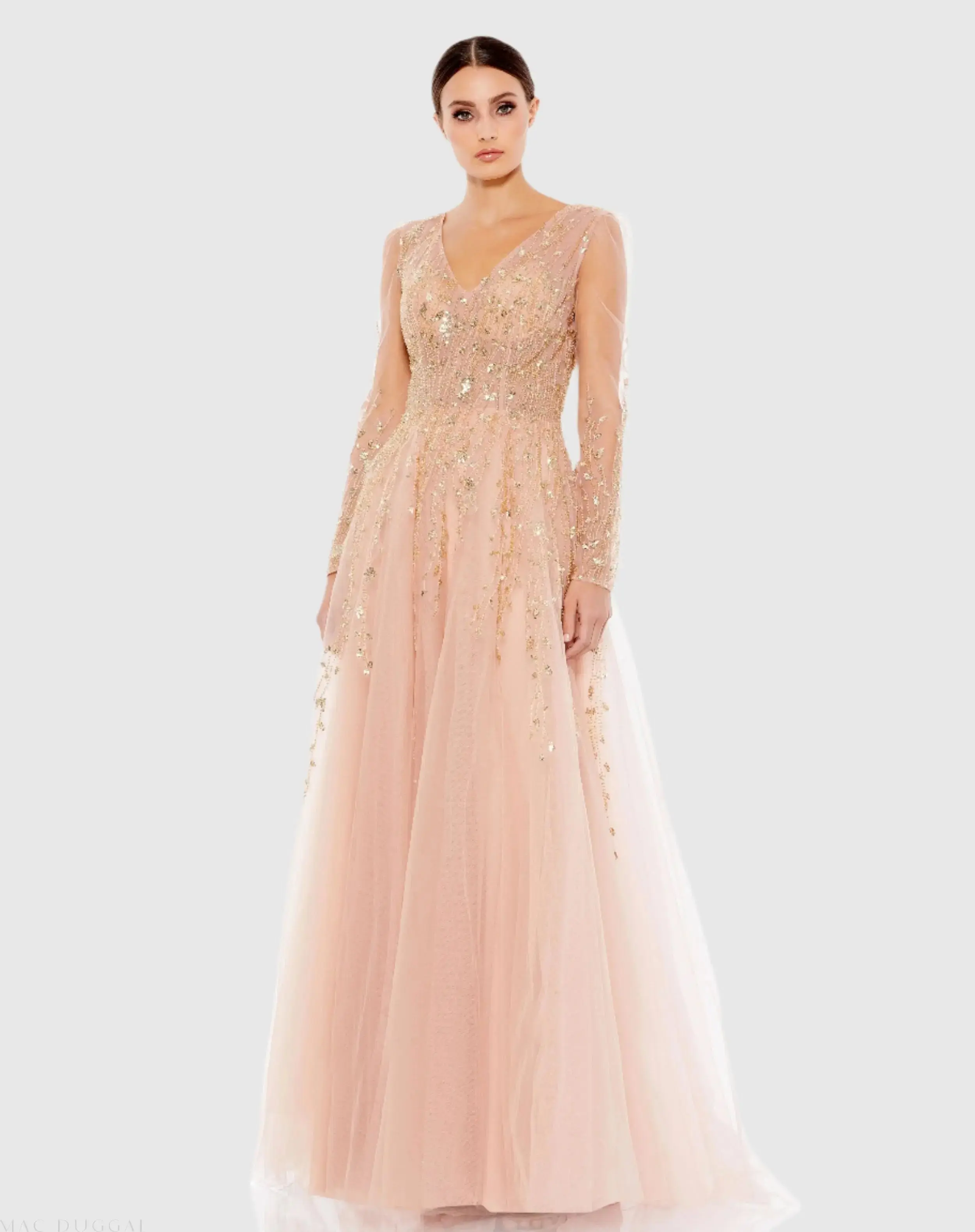 Embellished V Neck Long Sleeve A Line Gown - Image 2