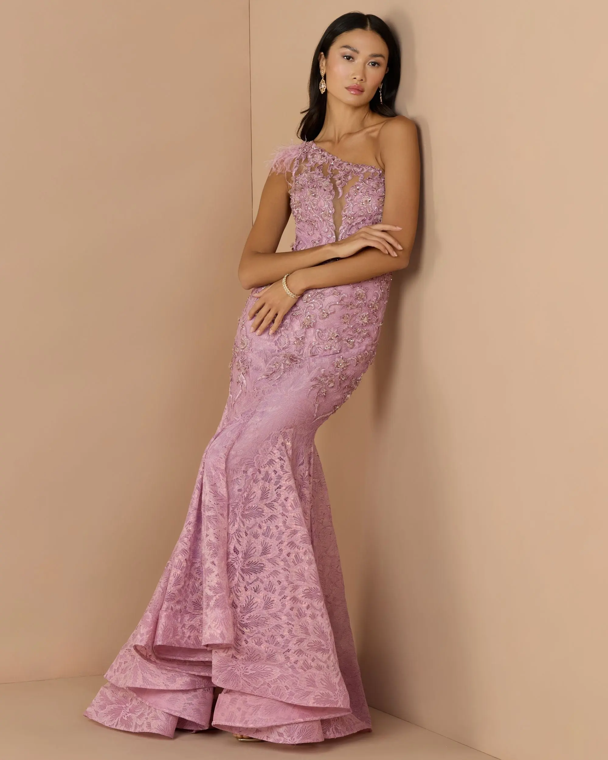 Embroidered Applique Feathered One Shoulder Trumpet Gown - Image 2