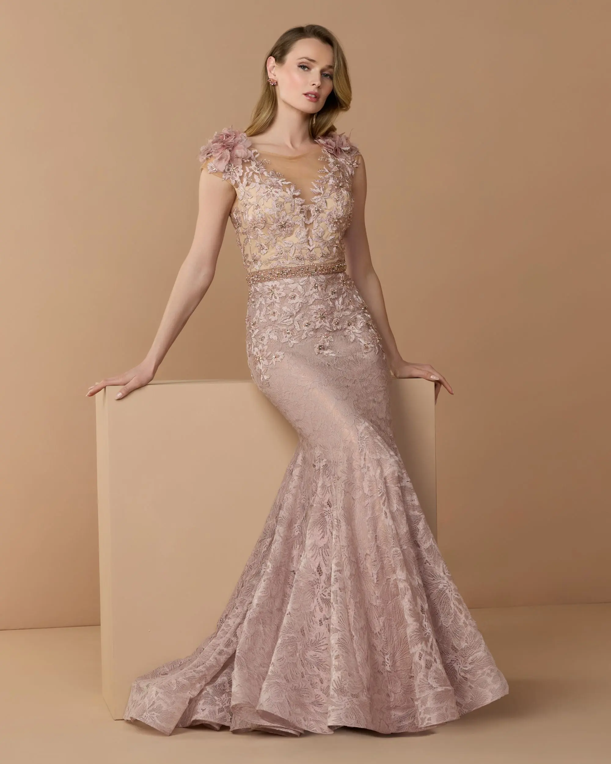 Embroidered Illusion Appliqued Bodice Trumpet Gown - Image 2