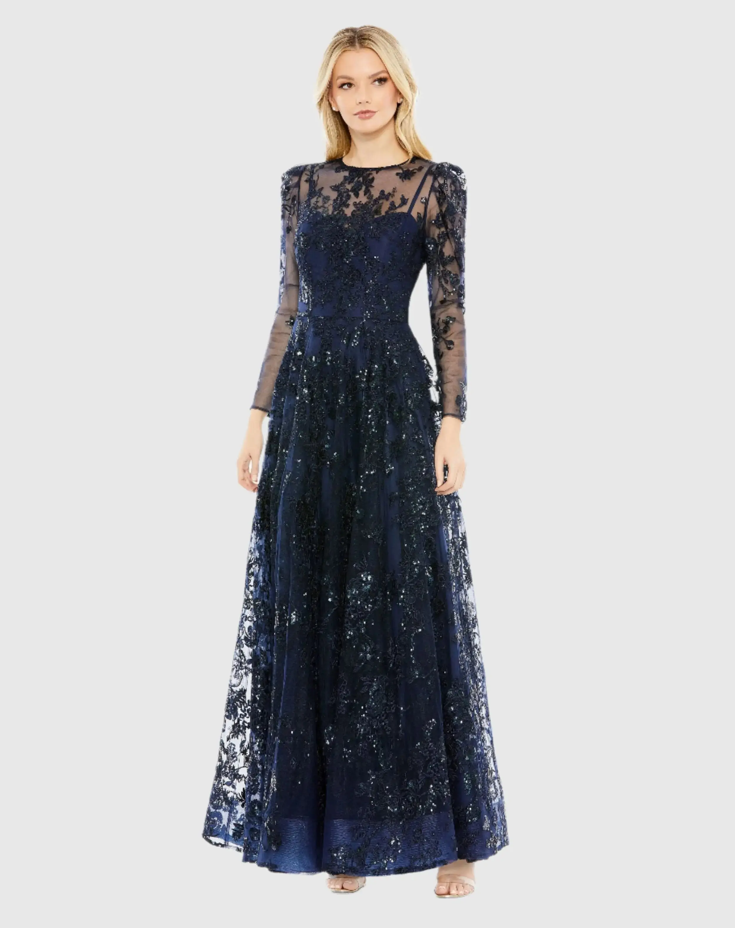 Embroidered Illusion High Neck A Line Dress - Image 2