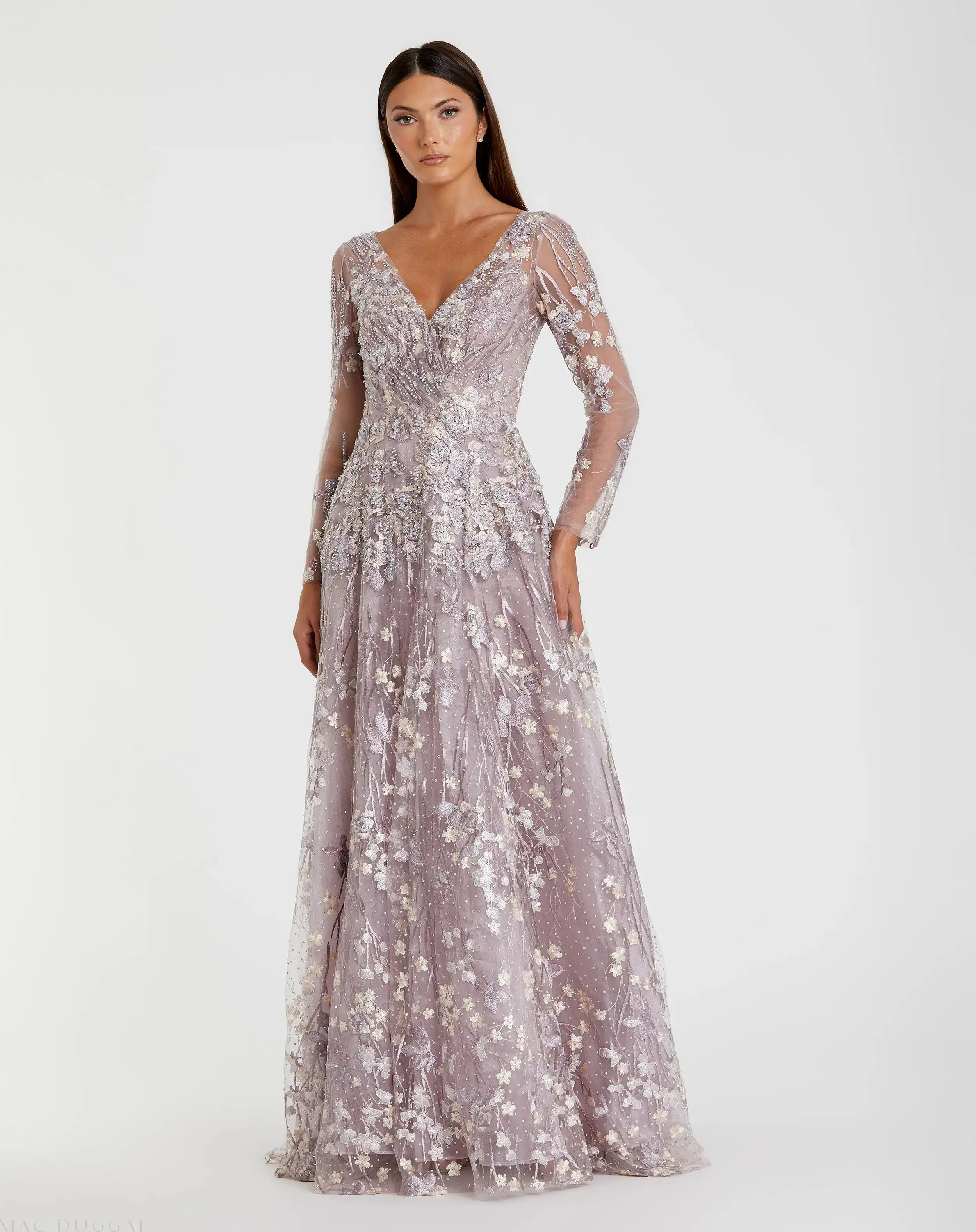 Embroidered Lace Wrap Over Illusion Long Sleeve A Line Gown