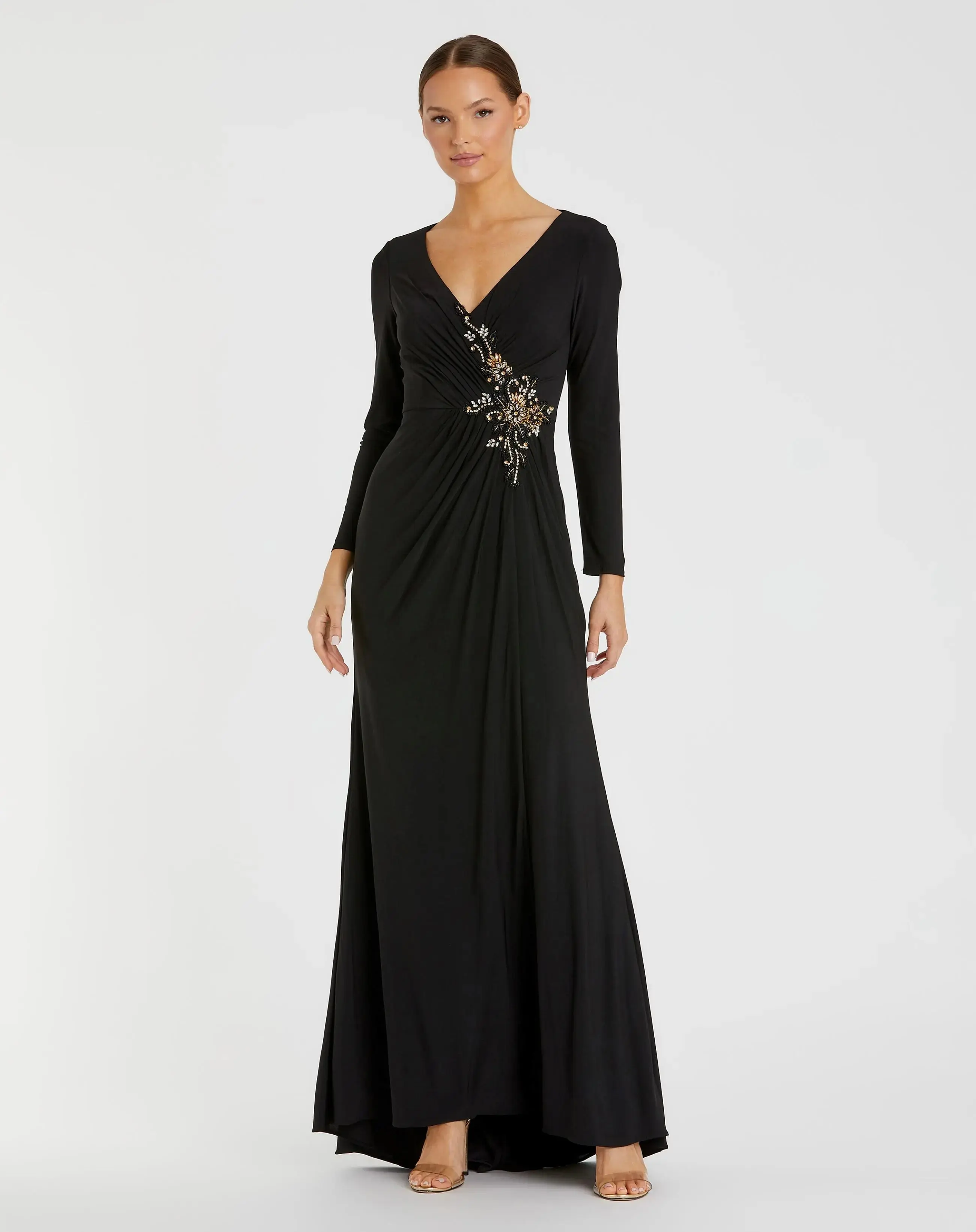 Faux Wrap Long Sleeve Evening Gown w/ Appliqué Detail - Image 2