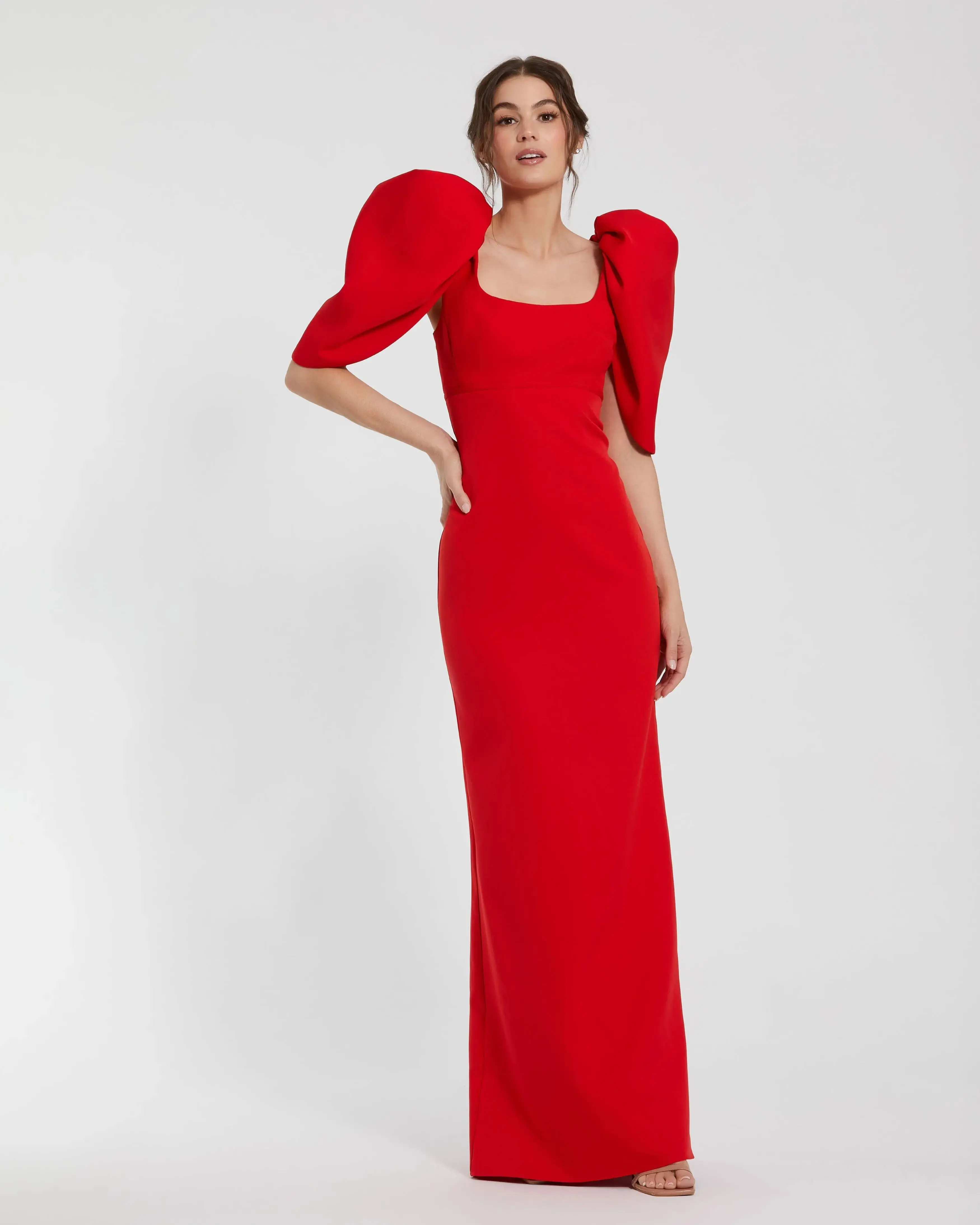 Fitted Crepe Scoop Neck Gown With Puff Sleeves - Image 2