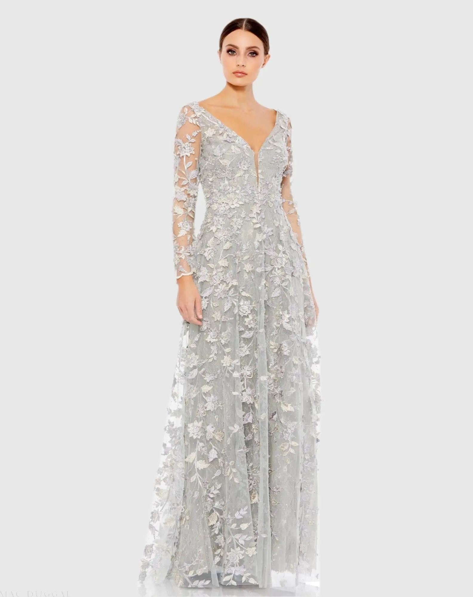 Floral Applique Long Sleeve Illusion Gown - Image 3