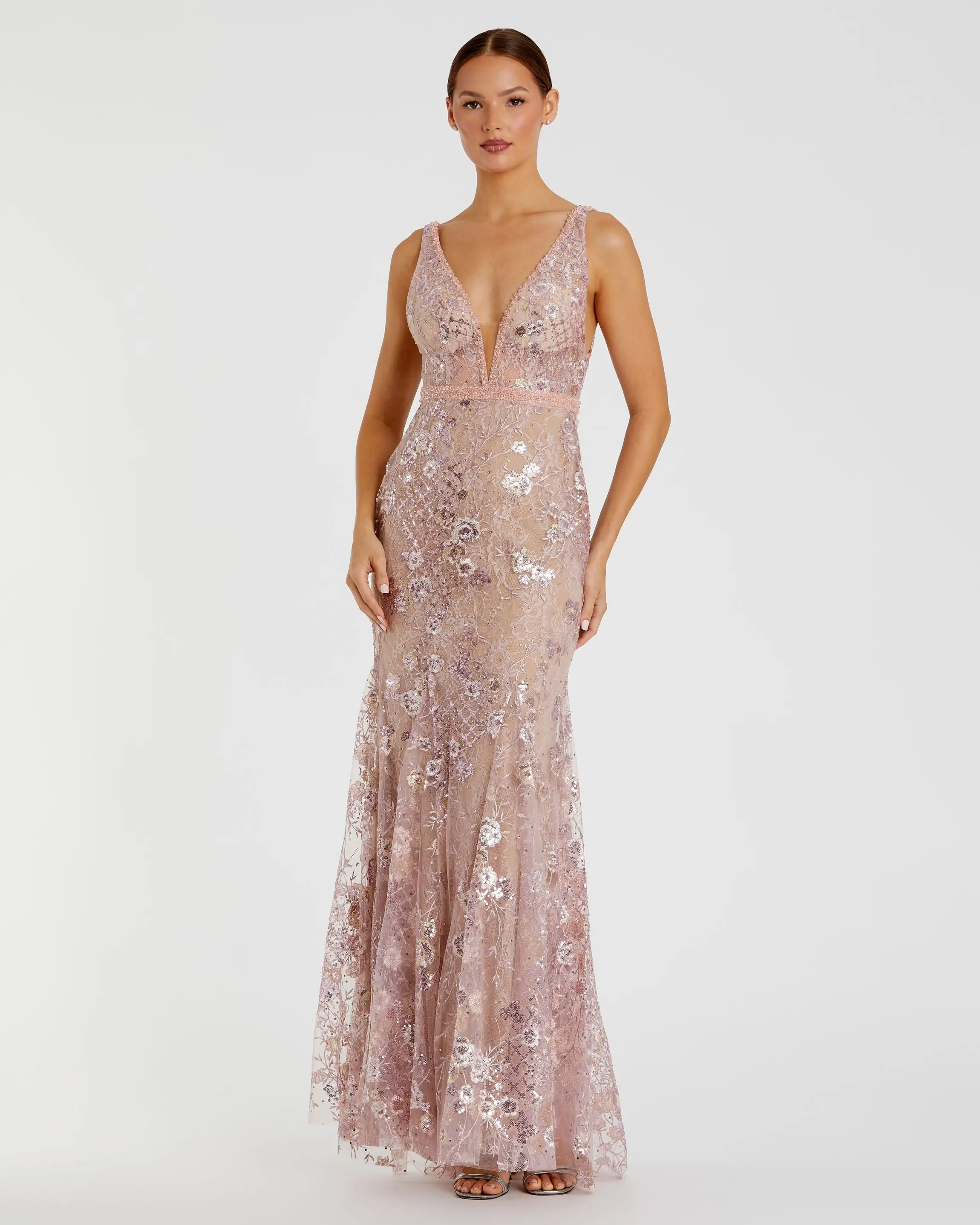 Floral Embellished Sleeveless Plunge Neck Gown - Image 2