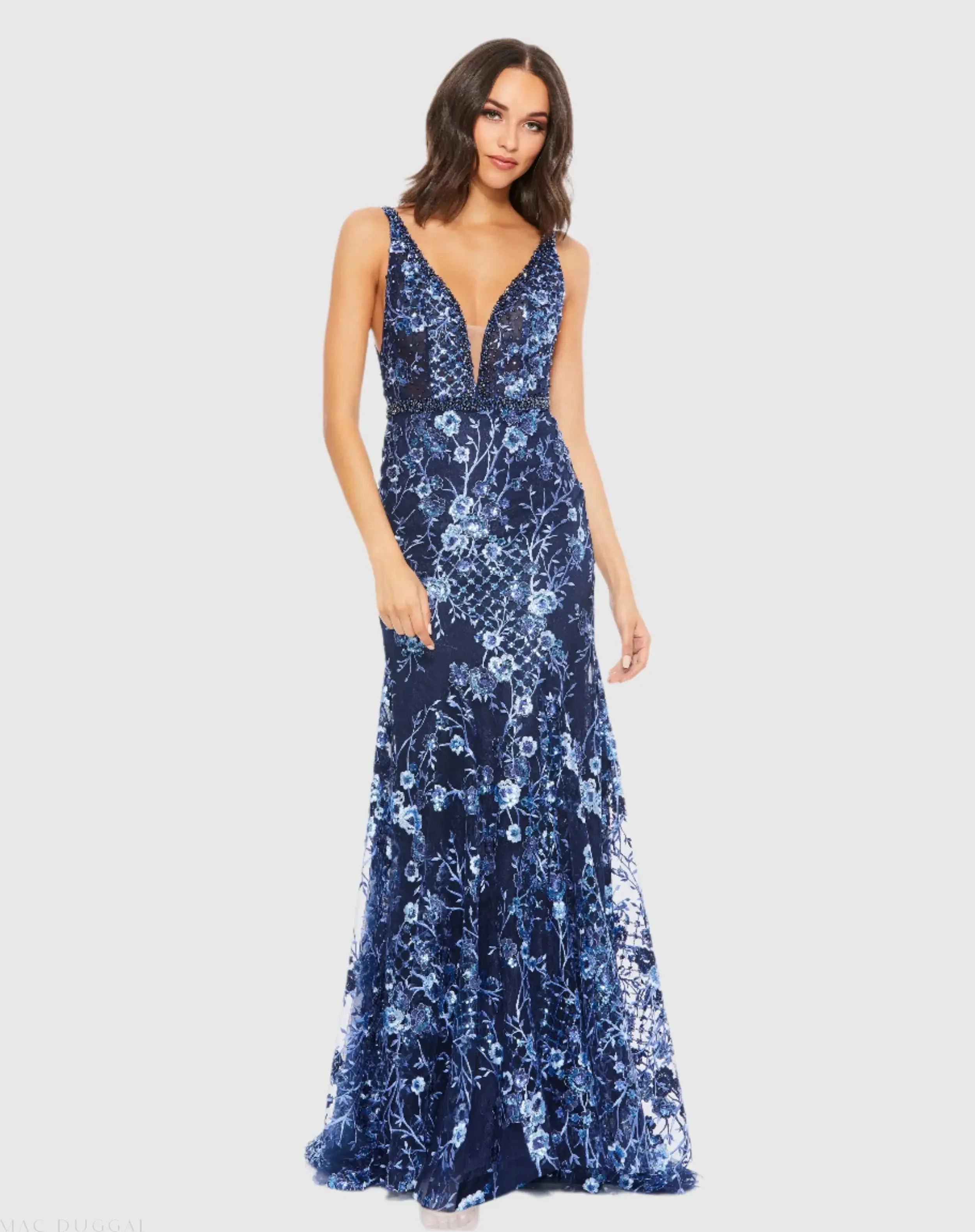 Floral Embellished Sleeveless Plunge Neck Gown - Image 3