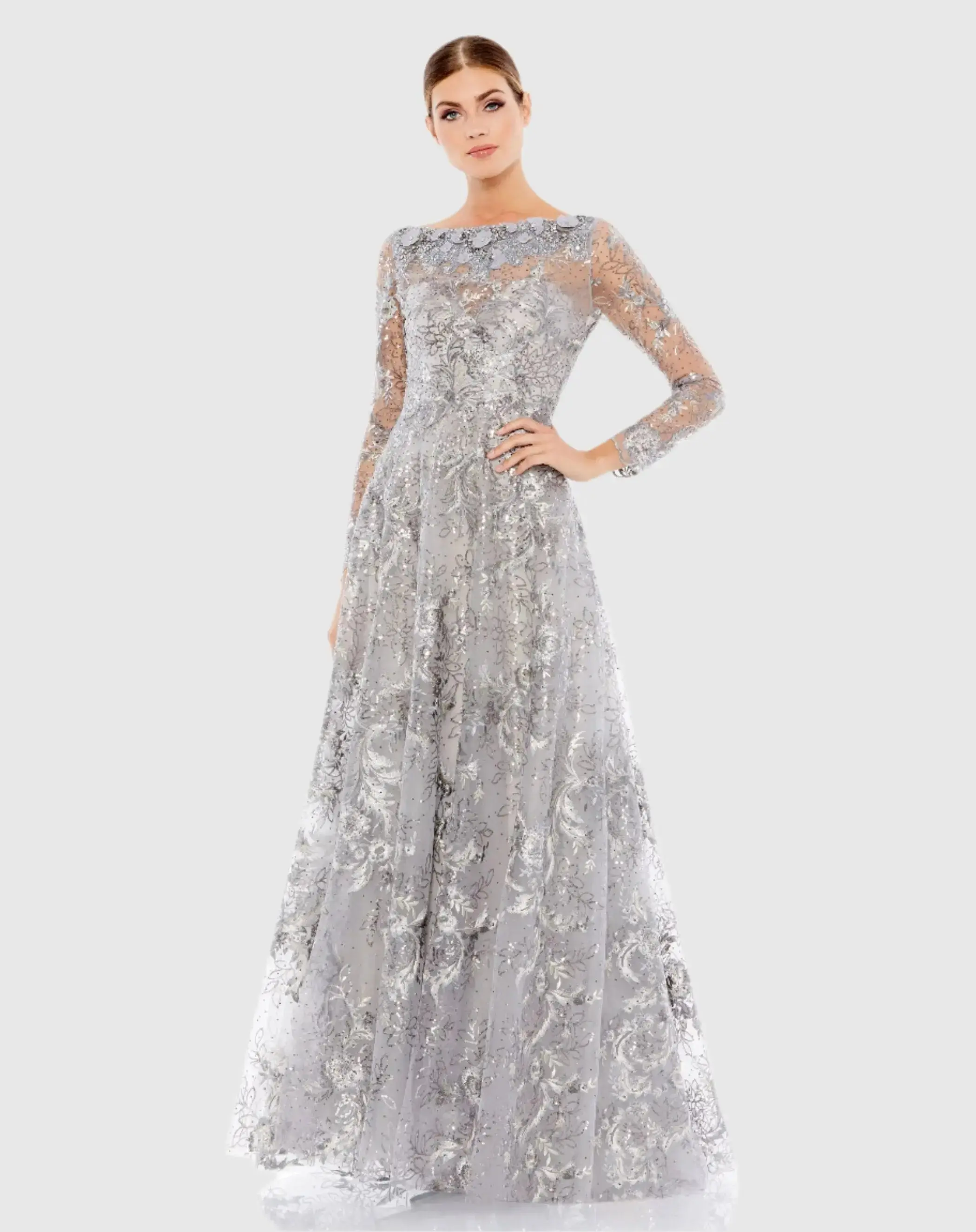 Floral Embroidered Illusion Long Sleeve Gown - Image 2