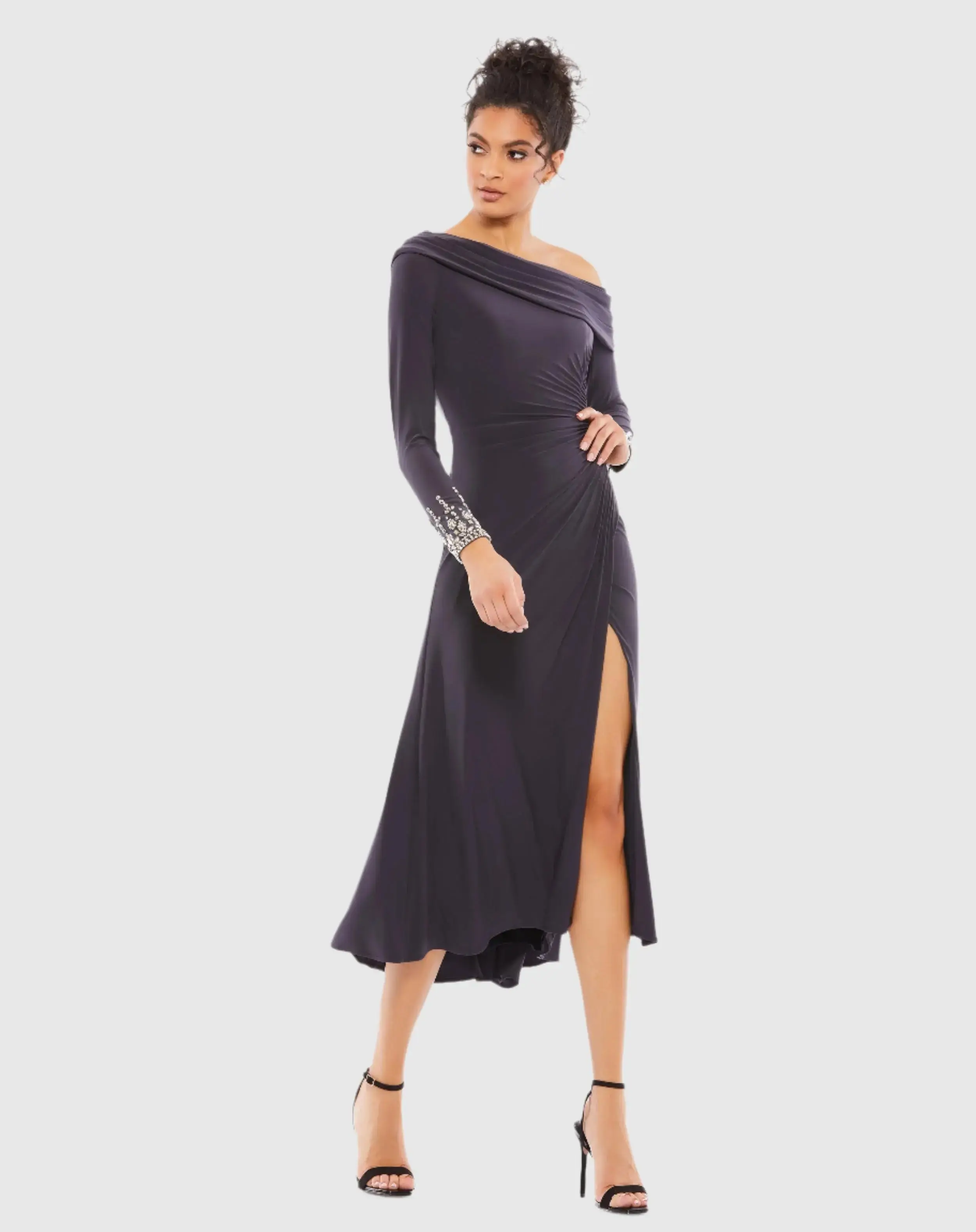 Foldover Long Sleeve Jeweled Midi Dress - Image 2