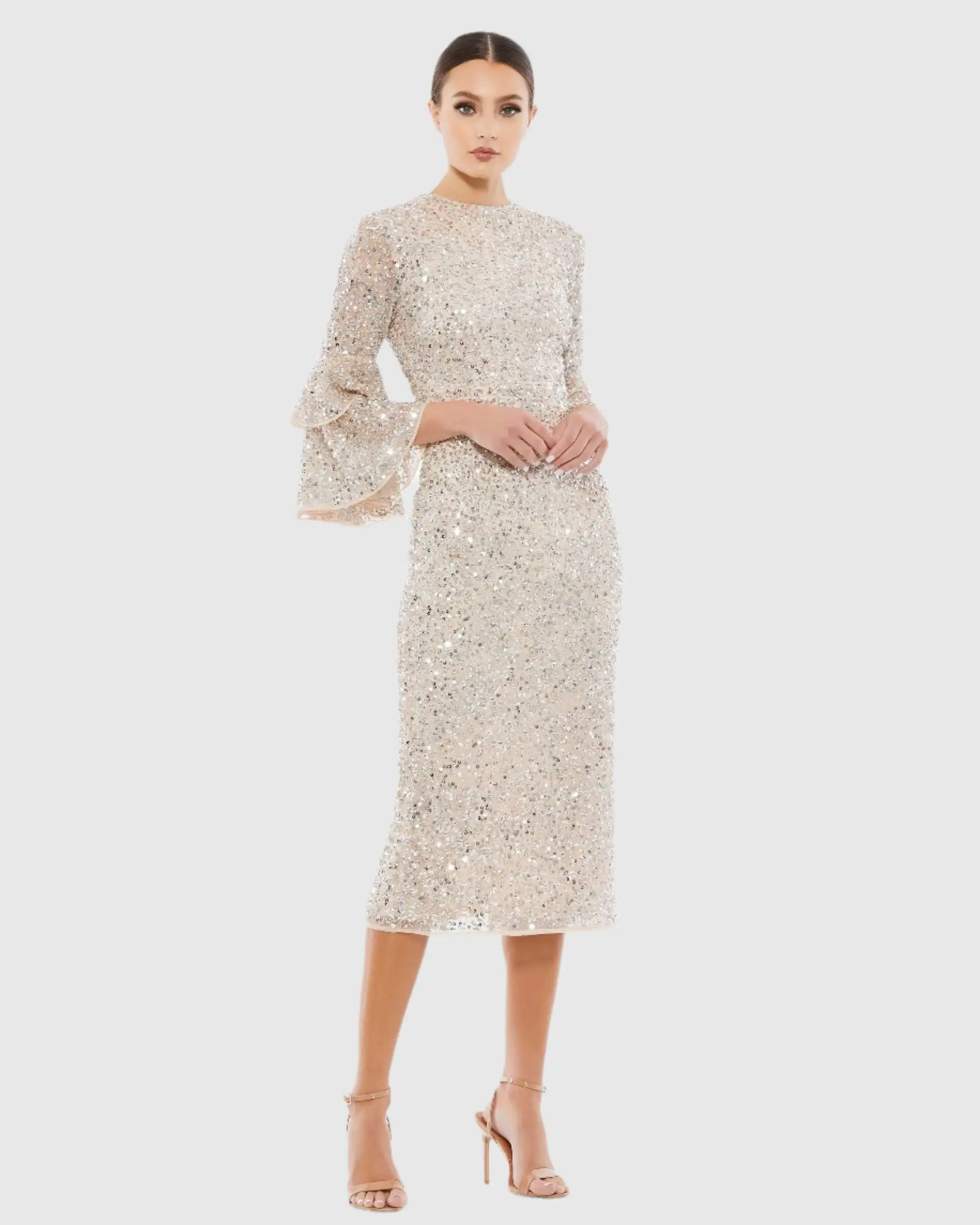Fully Sequined Ruffle Tiered 3/4 Sleeve Midi Dress - Image 2