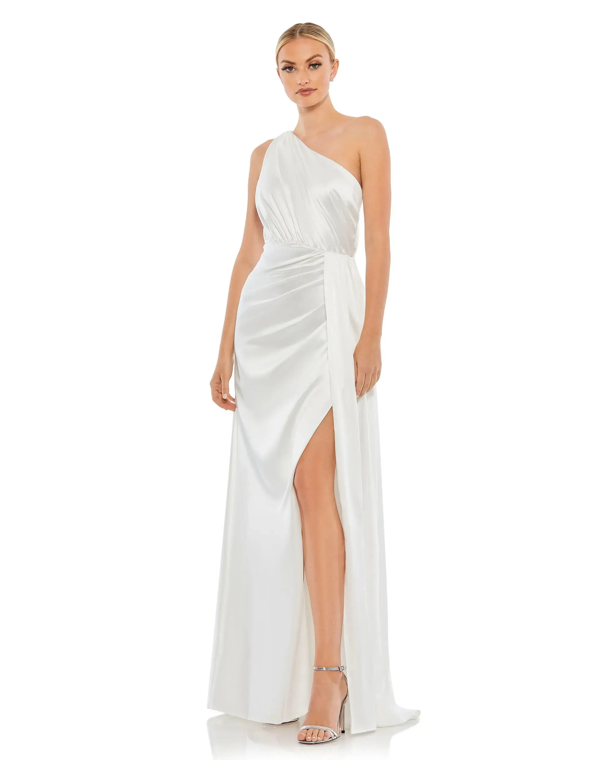 Gathered One Shoulder Satin Faux Wrap Gown - Image 3