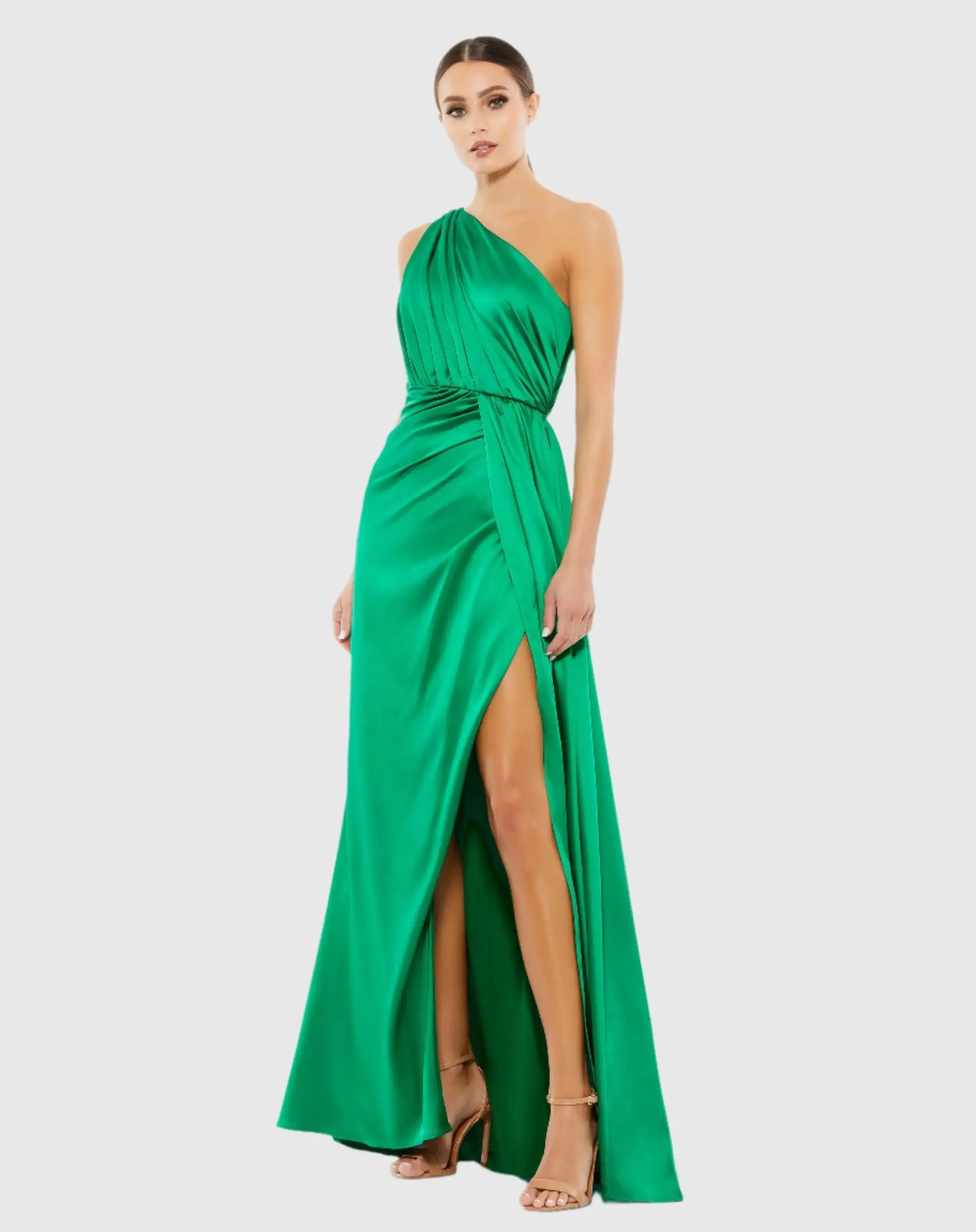 Gathered One Shoulder Satin Faux Wrap Gown - Image 4