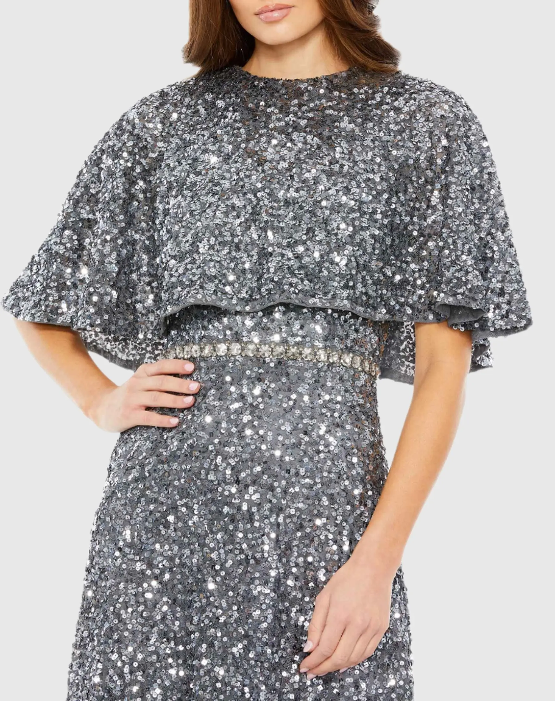 Gray Embellished Cape High Neck Midi Dress - Image 2