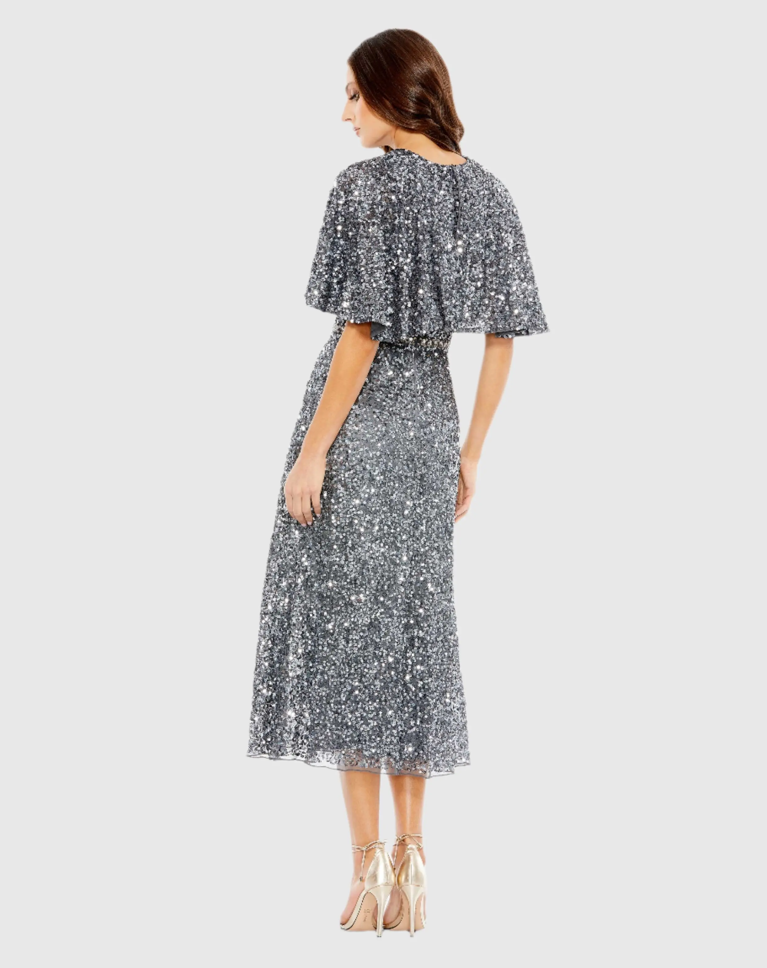 Gray Embellished Cape High Neck Midi Dress - Image 3