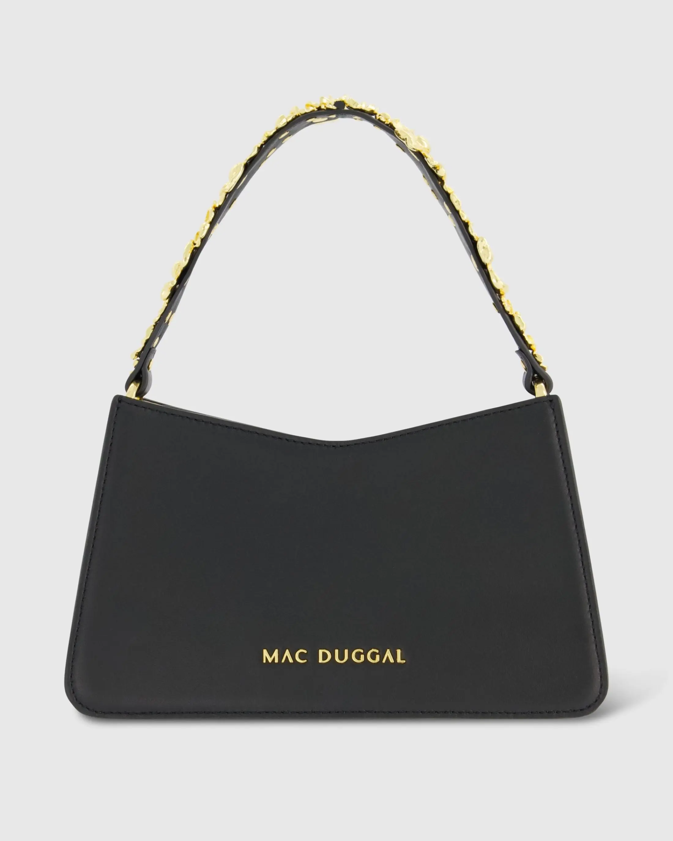 Black Small Leather Shoulder Bag with Gold Floral Strap