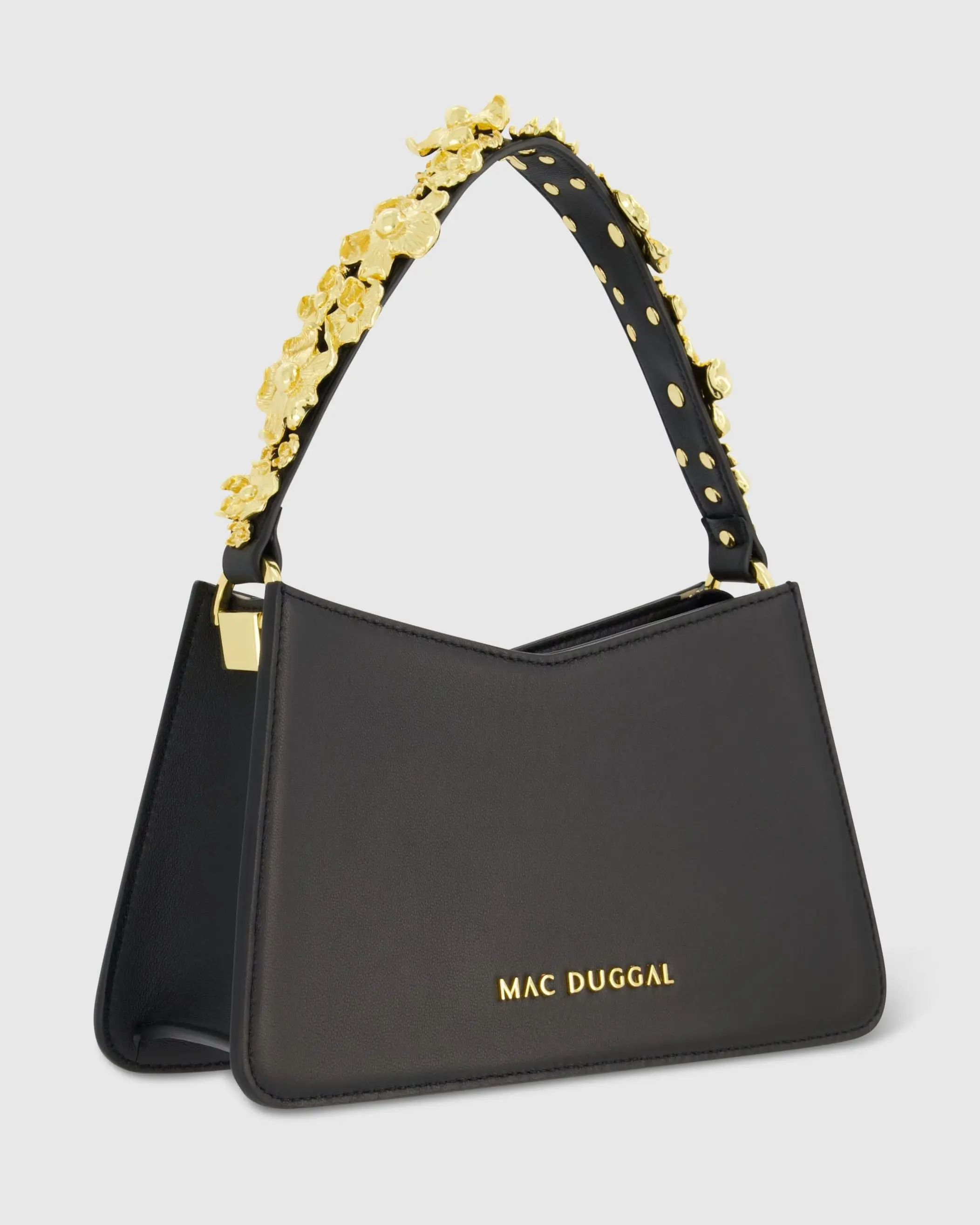 Black Small Leather Shoulder Bag with Gold Floral Strap - Image 2