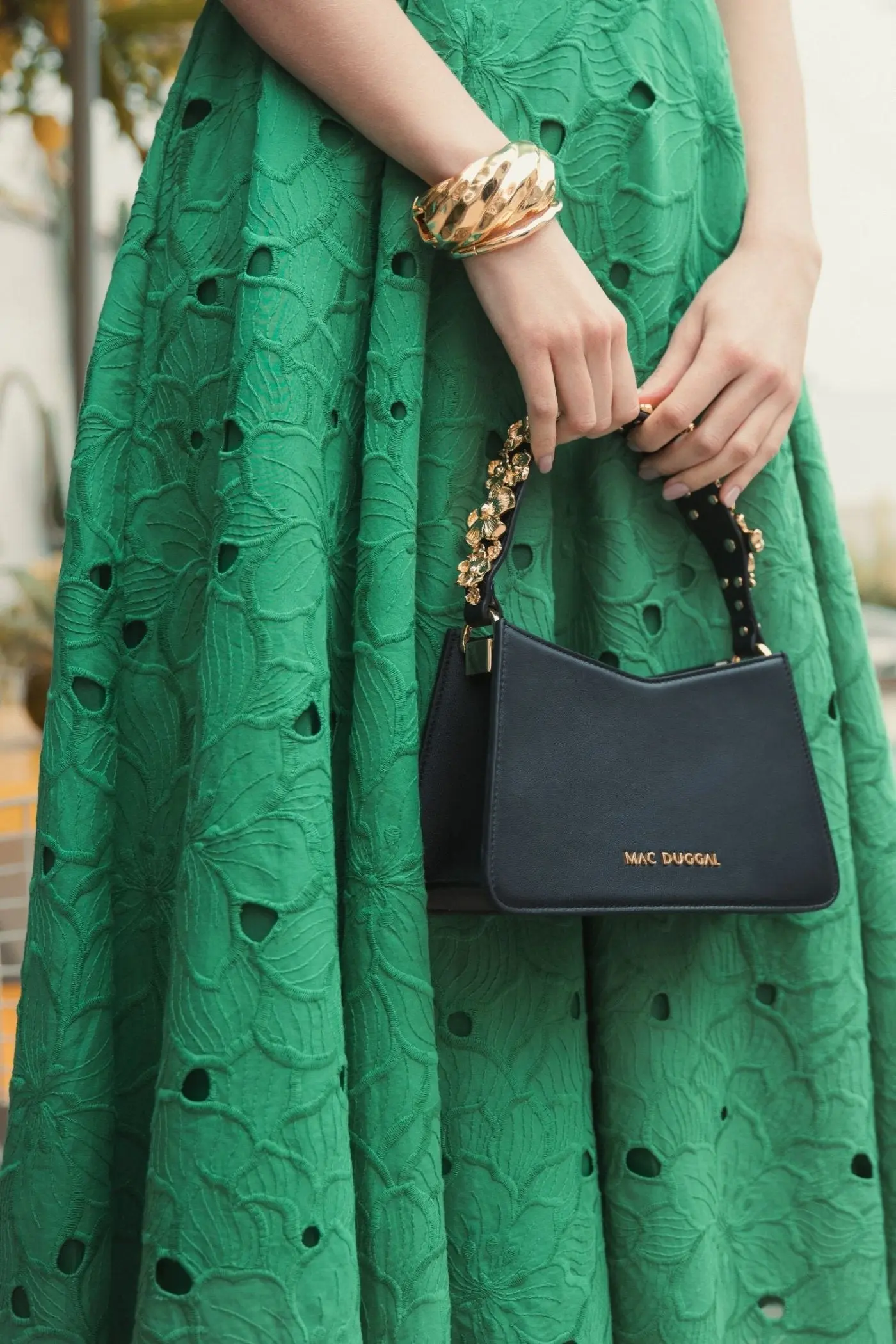 Black Small Leather Shoulder Bag with Gold Floral Strap - Image 5