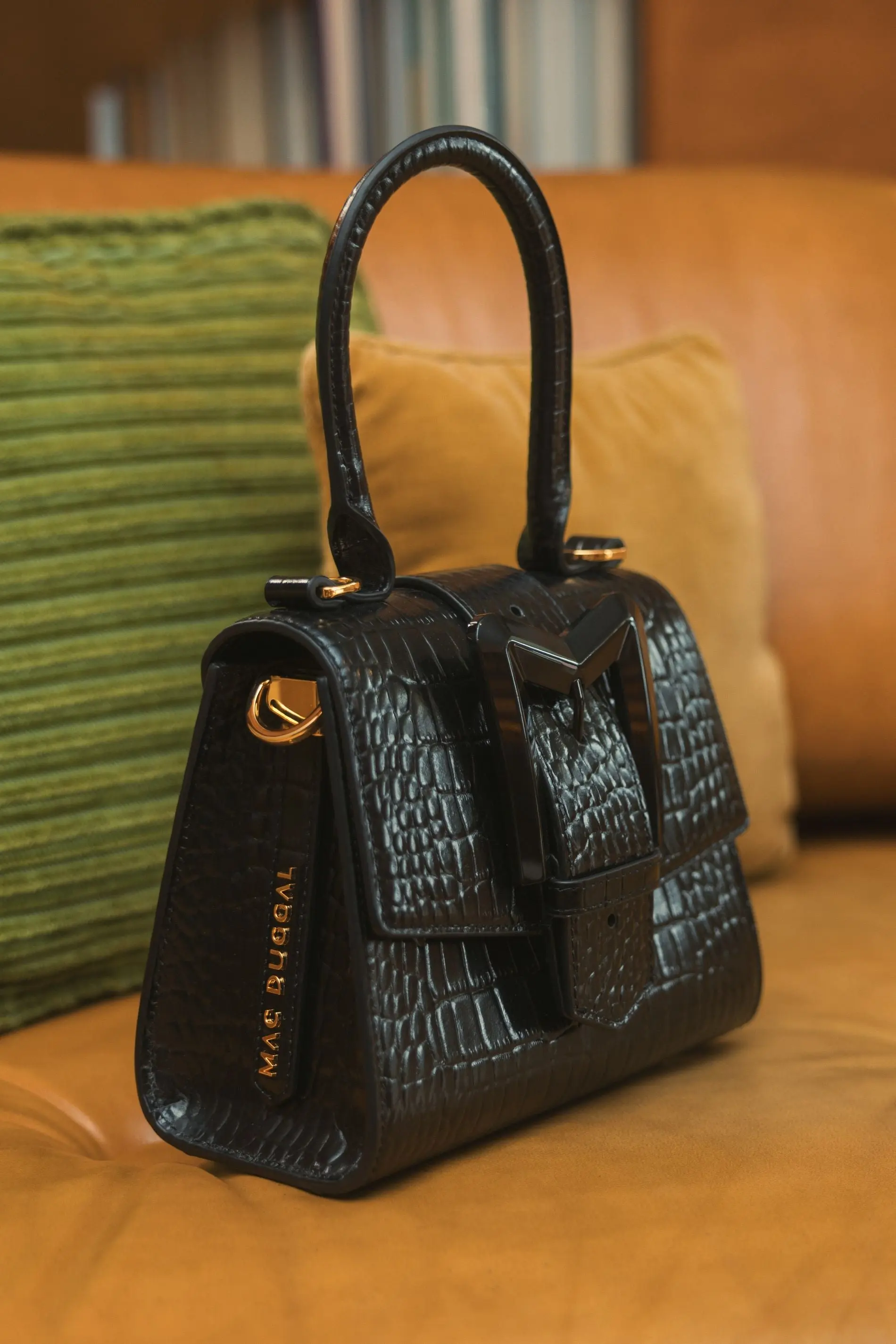 Black Mini Croc Embossed Leather Handbag - Image 7